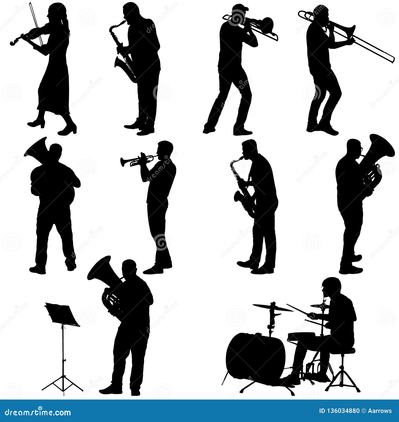 set silhouette of musician playing the trombone, drummer, tuba, trumpet, saxophone, on a white background