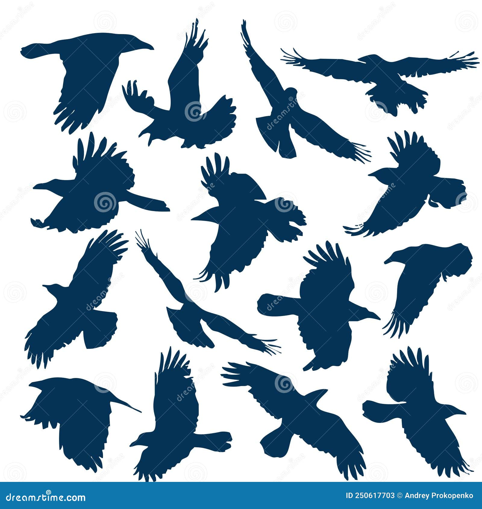 a set of silhouettes of flying crows (15 pieces)