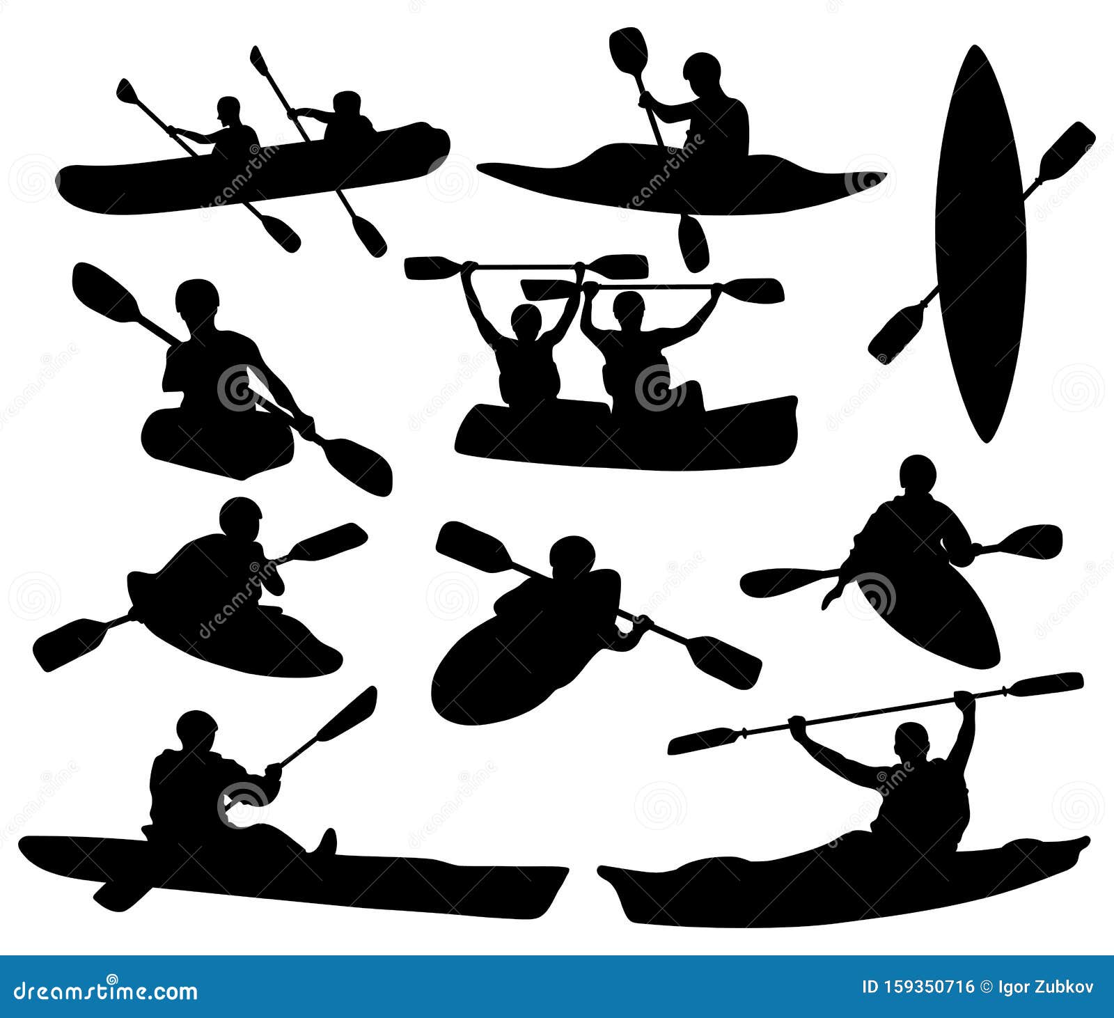 set of silhouettes of people swimming in a canoe. black white  of a kayak with men.  drawing of rowing