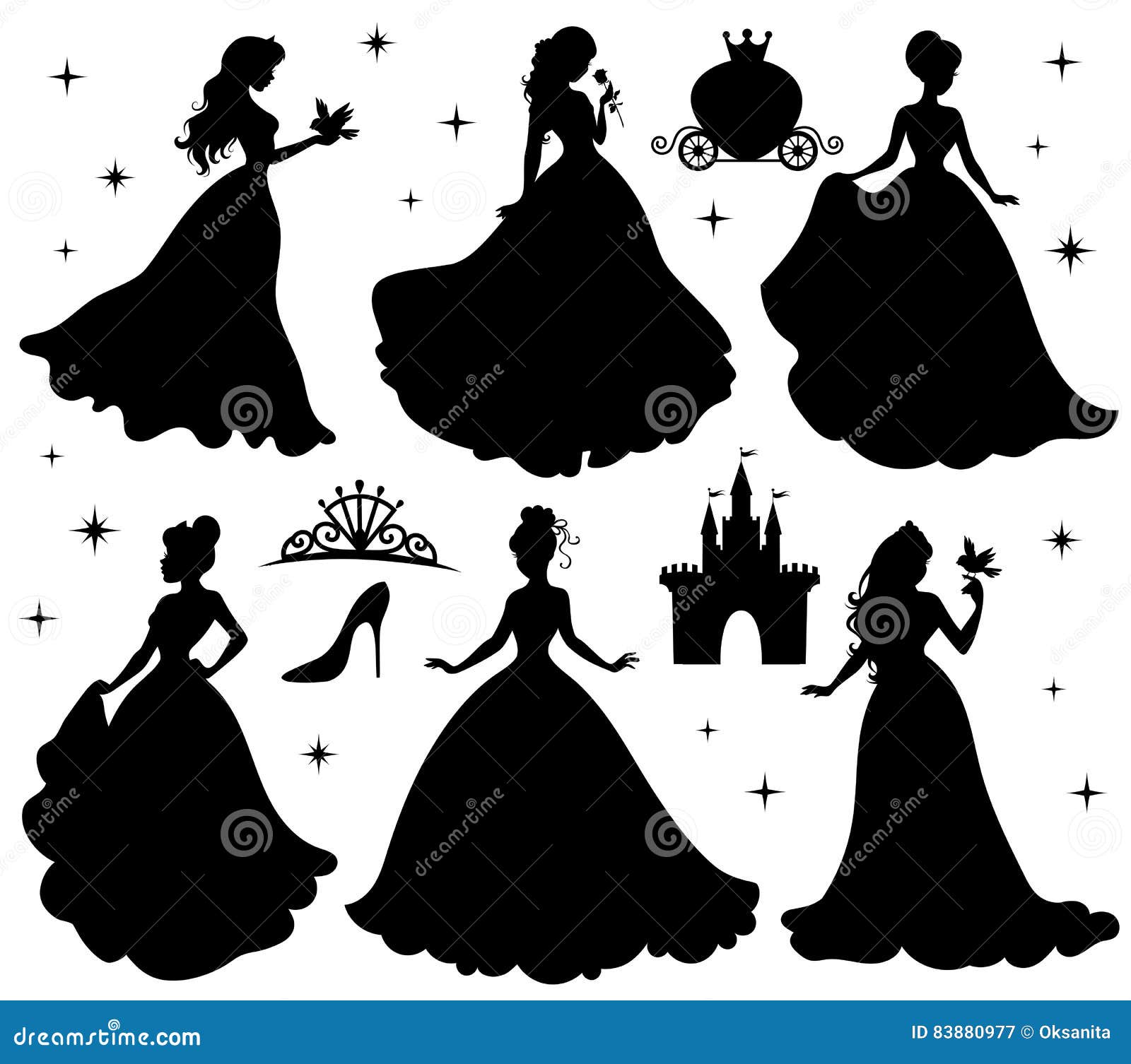 set of silhouettes of princess