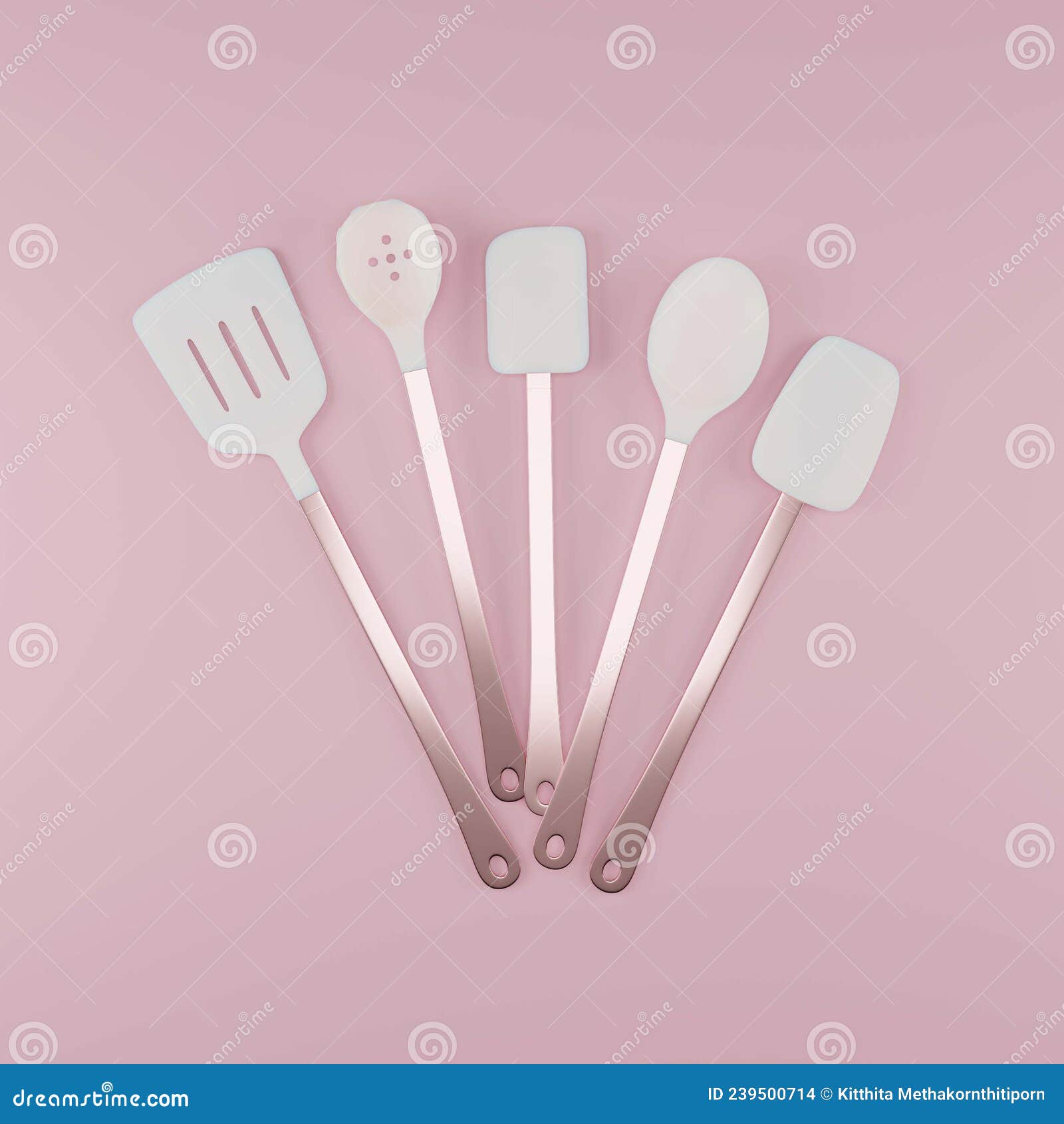 Set of Silicone Kitchen Tool with Copper Handle 3D Rendering Stock