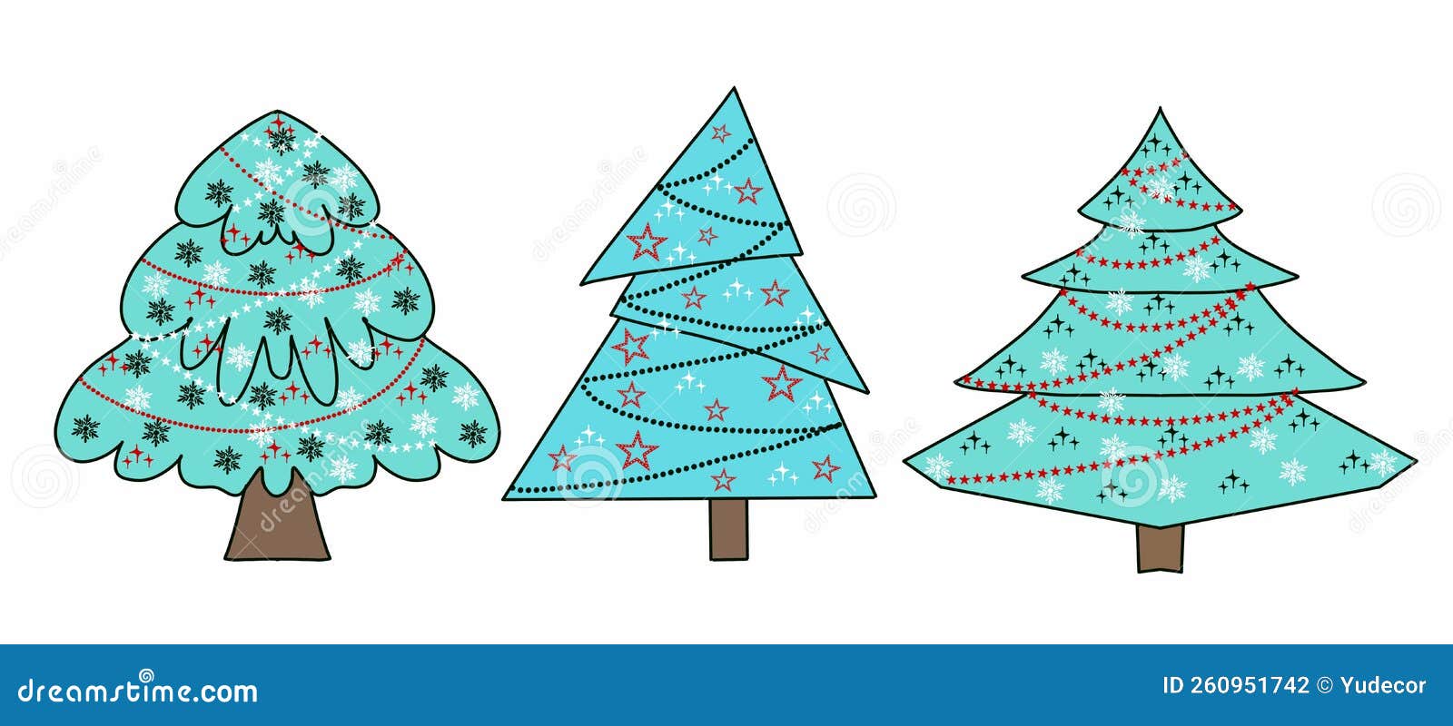 Set of Simple Christmas Tree. Hand Drawing Illustration, Isolated on