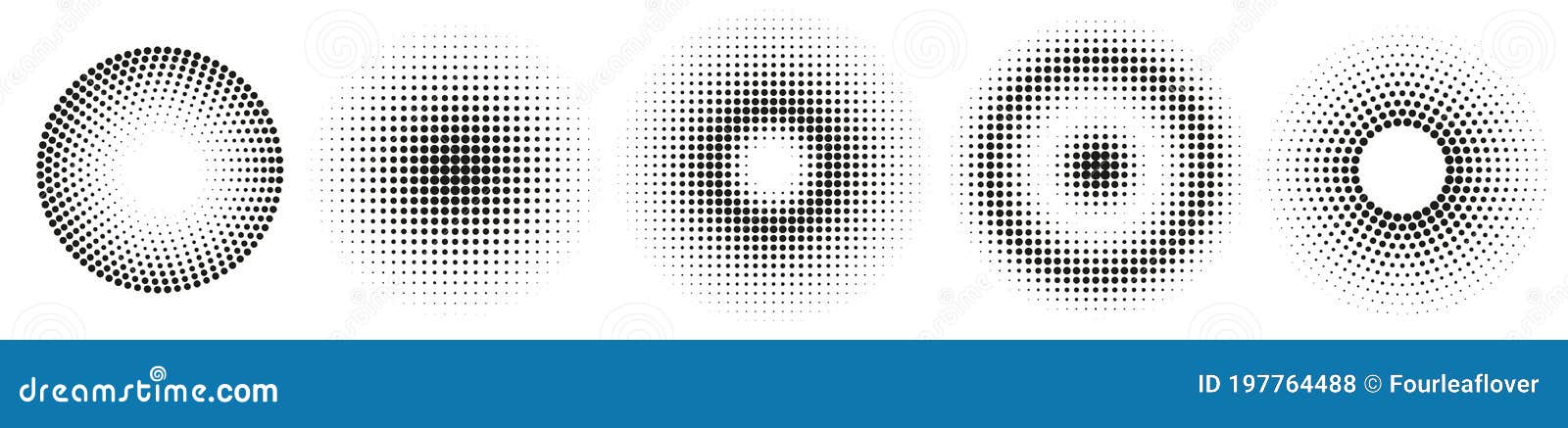 set of simple halftones. black gradient circles of dots.