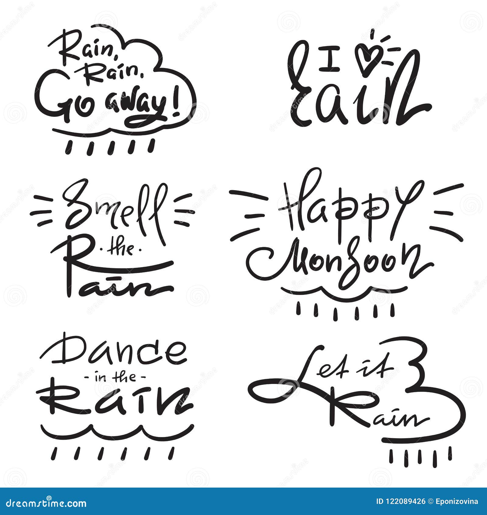 Set of Simple Inspire and Motivational Quotes about Rain. Hand Drawn ...