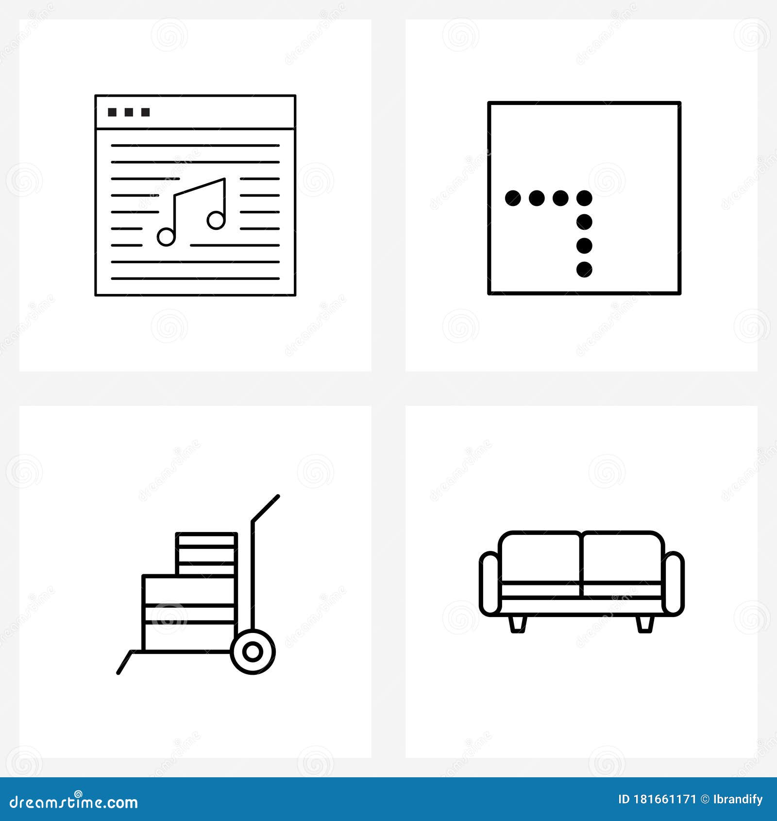 set of 4 simple line icons of music, cart, website, pathfinder, couch