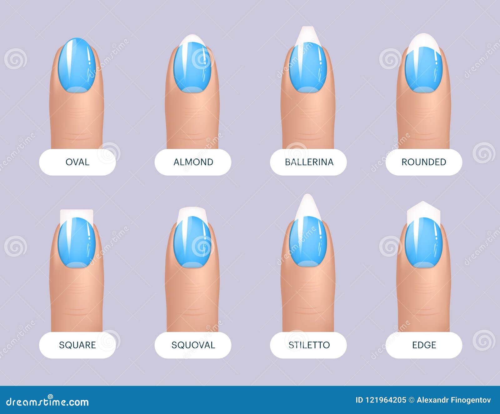 Set of Simple Realistic Blue Manicured Nails with Different Shapes ...