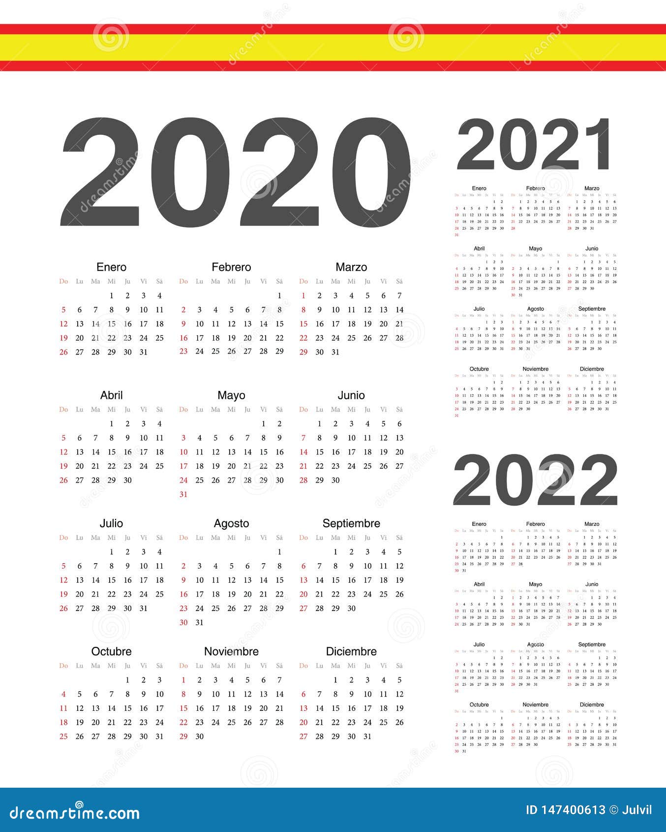 set of spanish 2020, 2021, 2022 year  calendars