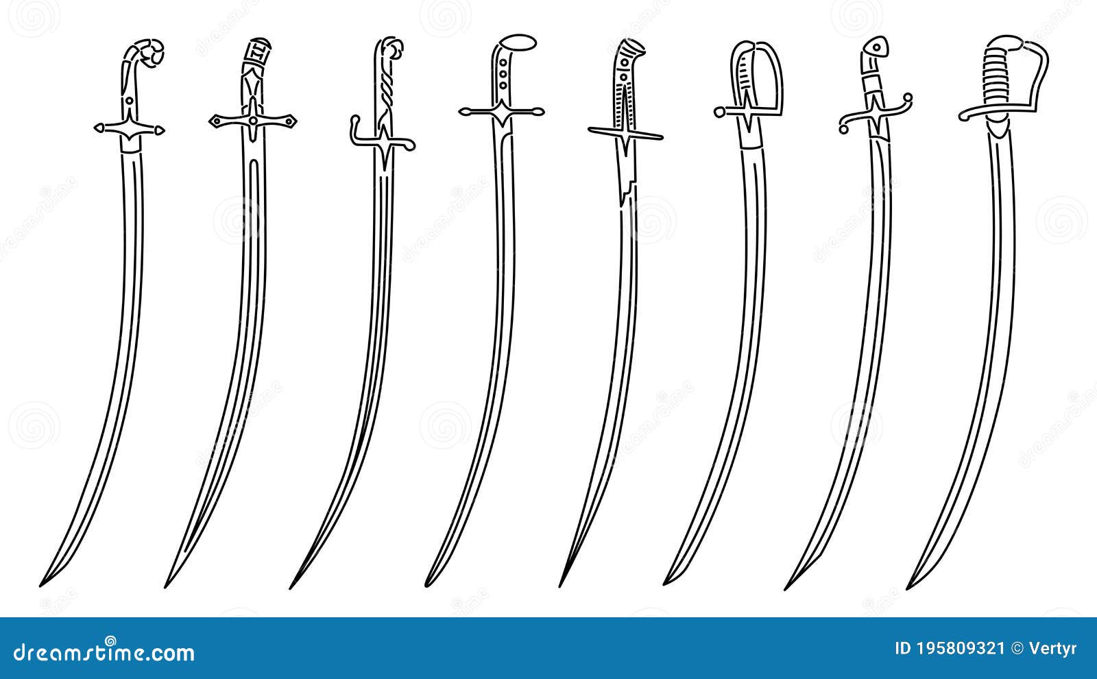 set of simple images of cavalry swords drawn in art line style.