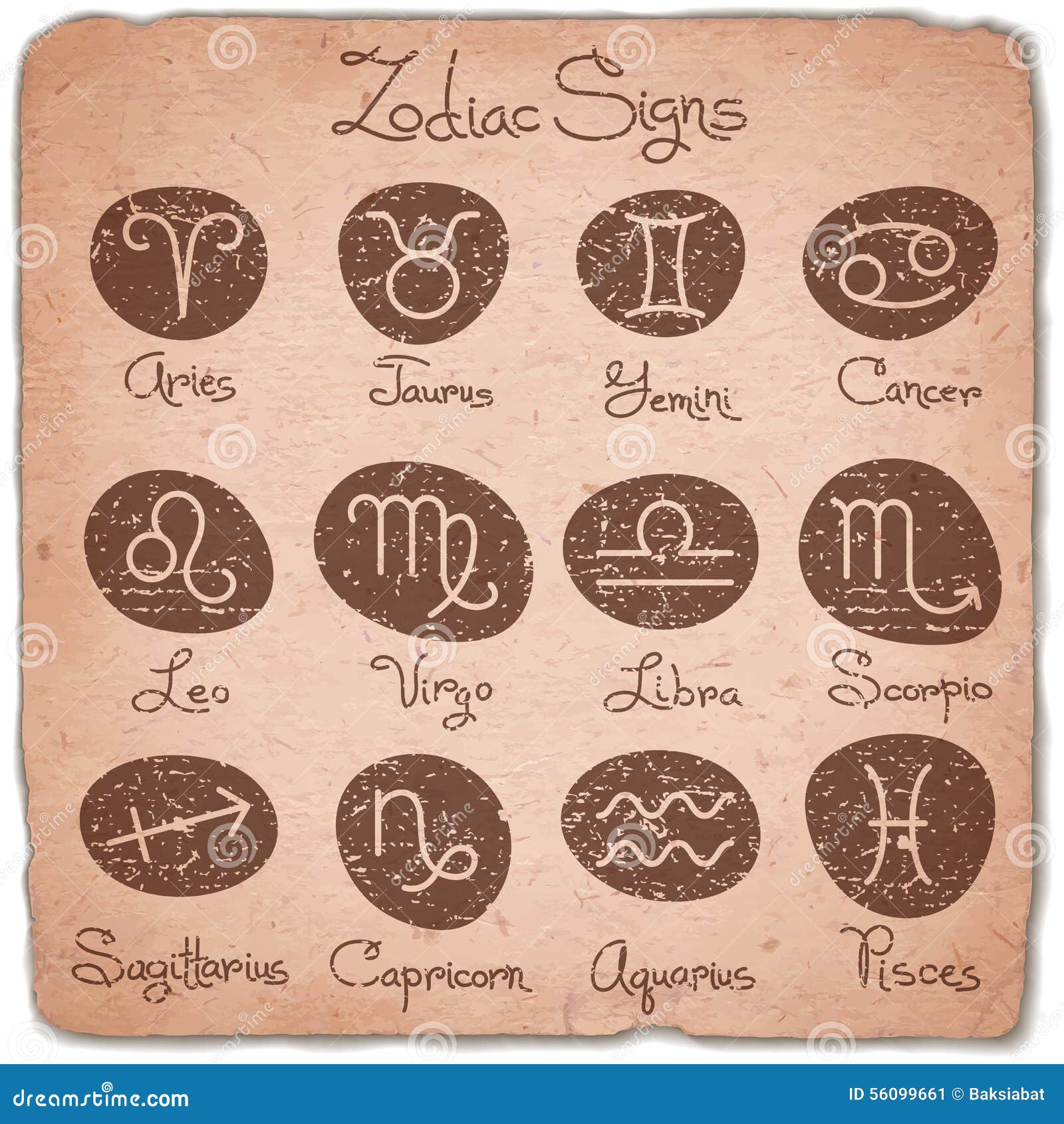 set of simple zodiac signs with scuffed