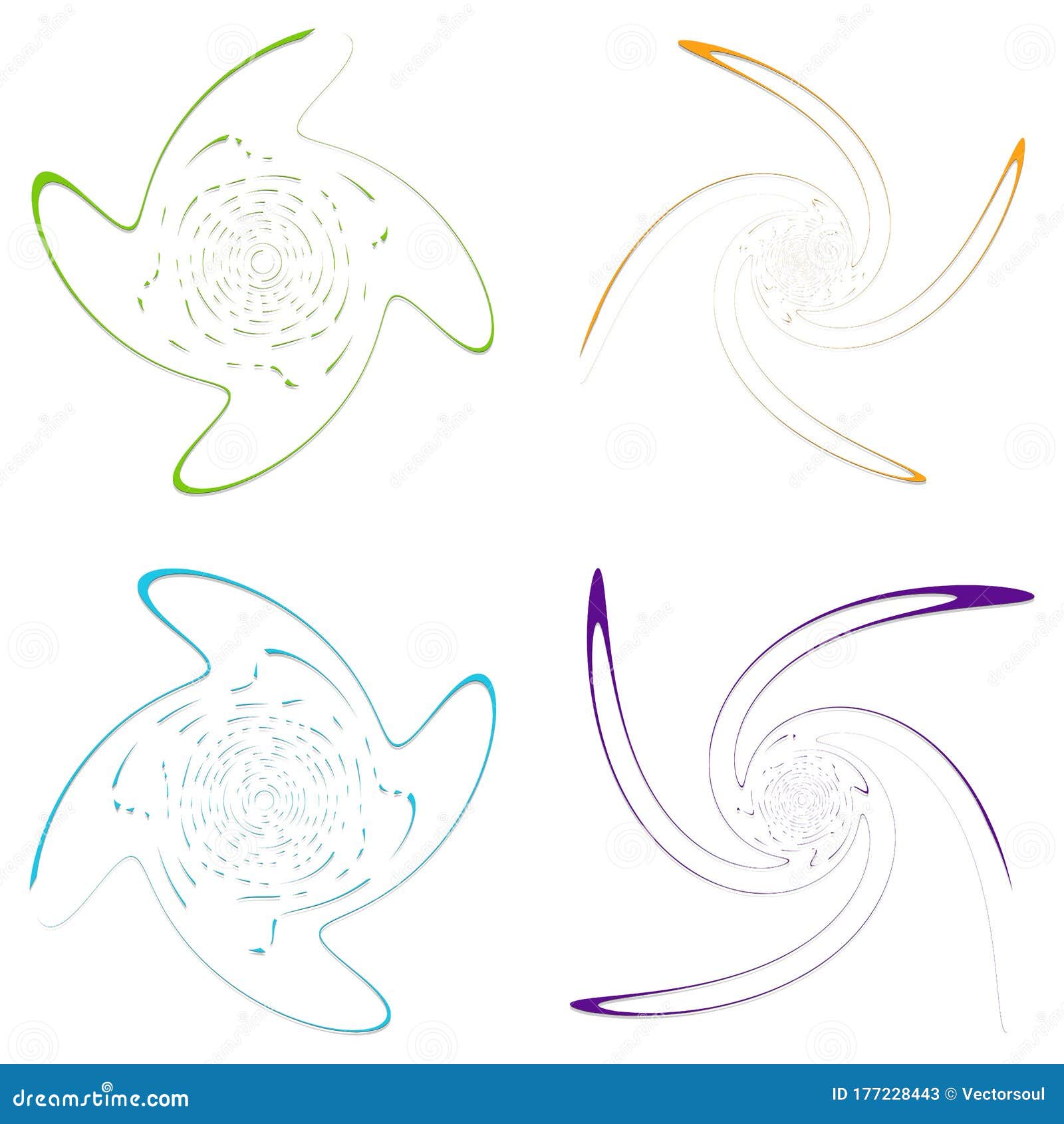set of single-colored,monochrome twirl, swirl.  with rotation, spin, spiral distortion. helix, volute and twine 