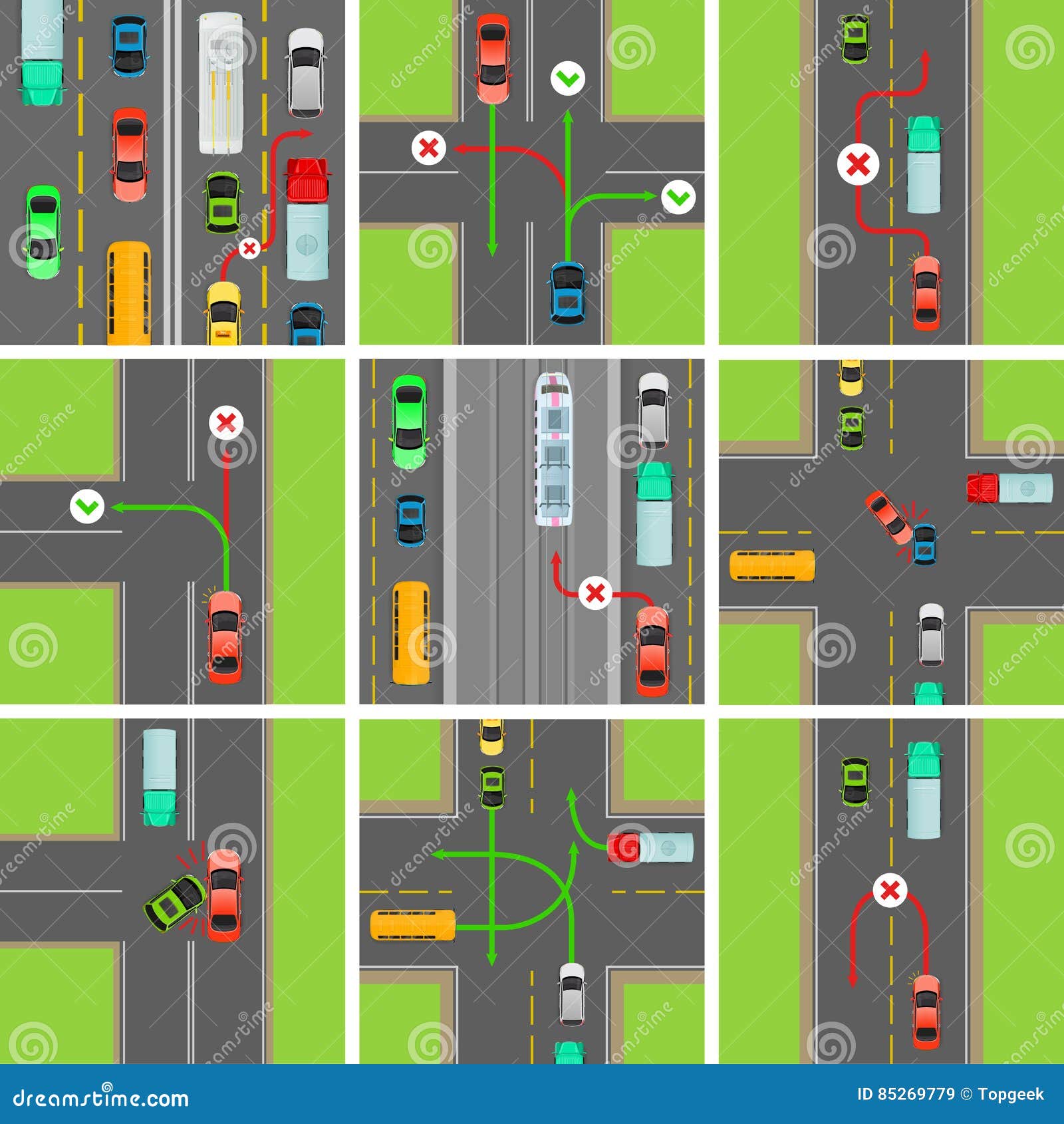 Set of Situations on Road. Traffic Laws Govern Stock Vector