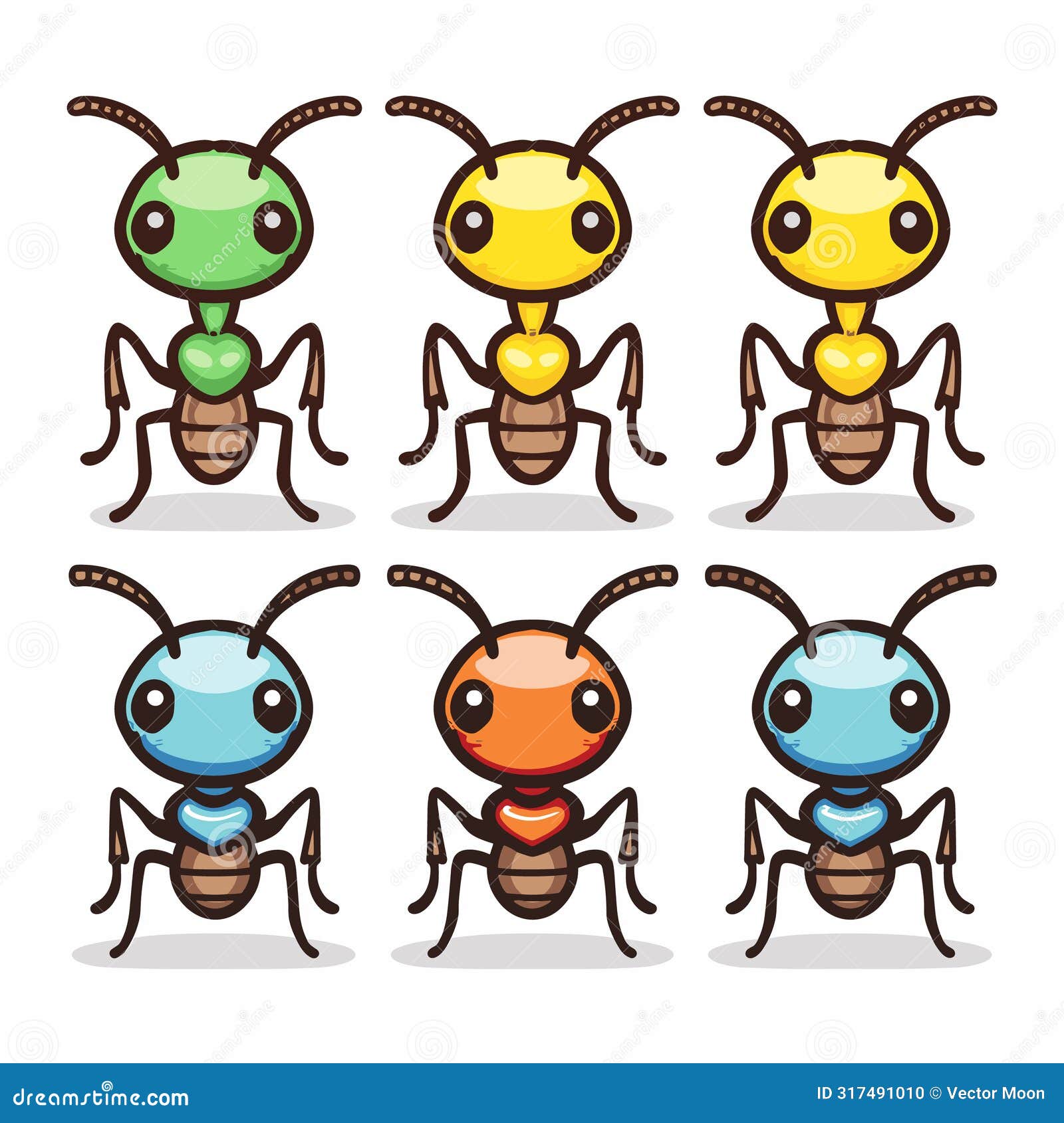 set six cartoon ants, unique coloration, anthropomorphic traits, friendly expressions. colorful