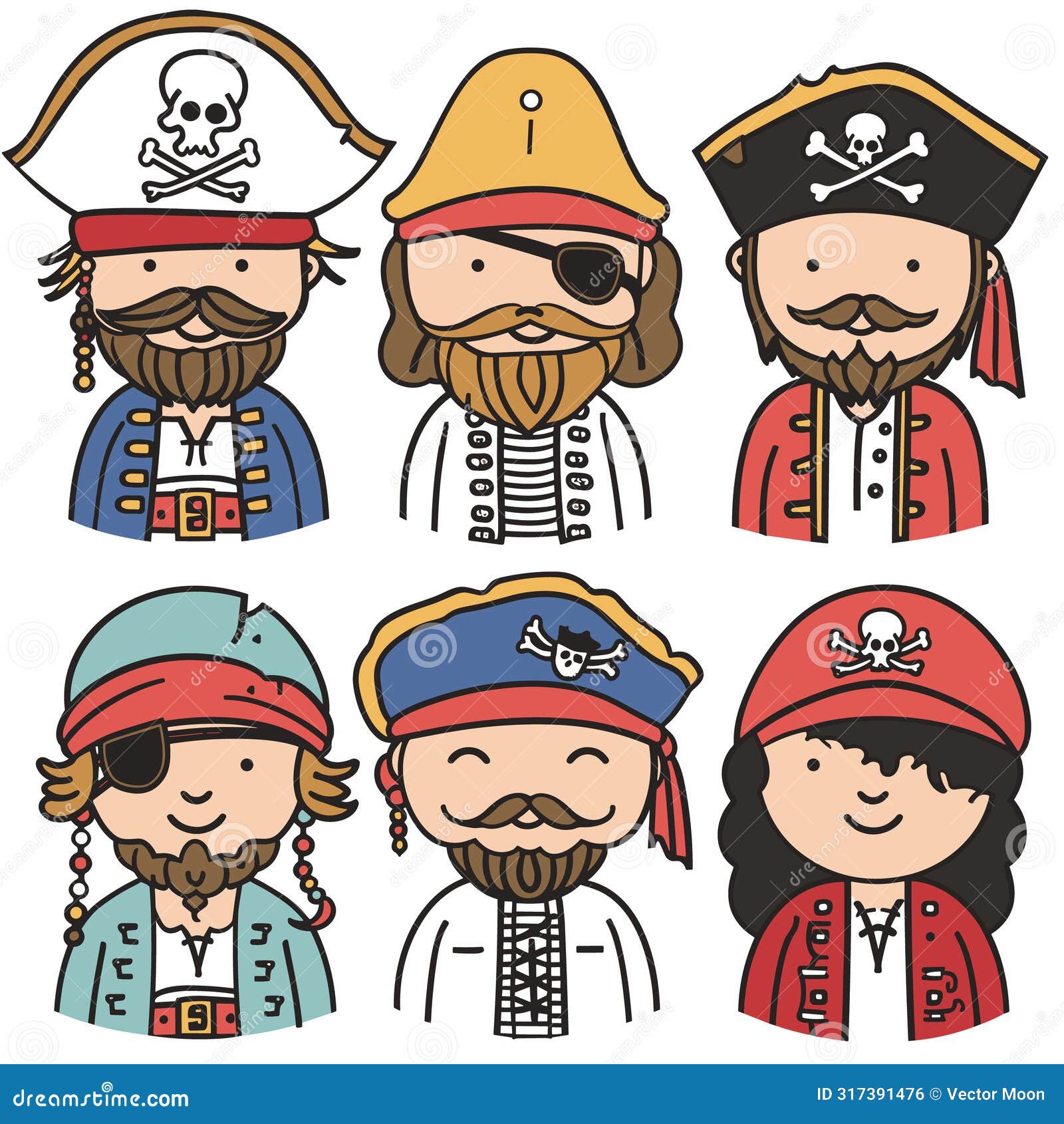 set six cartoon pirates representing various pirate attire headgear styles, eye patches beards