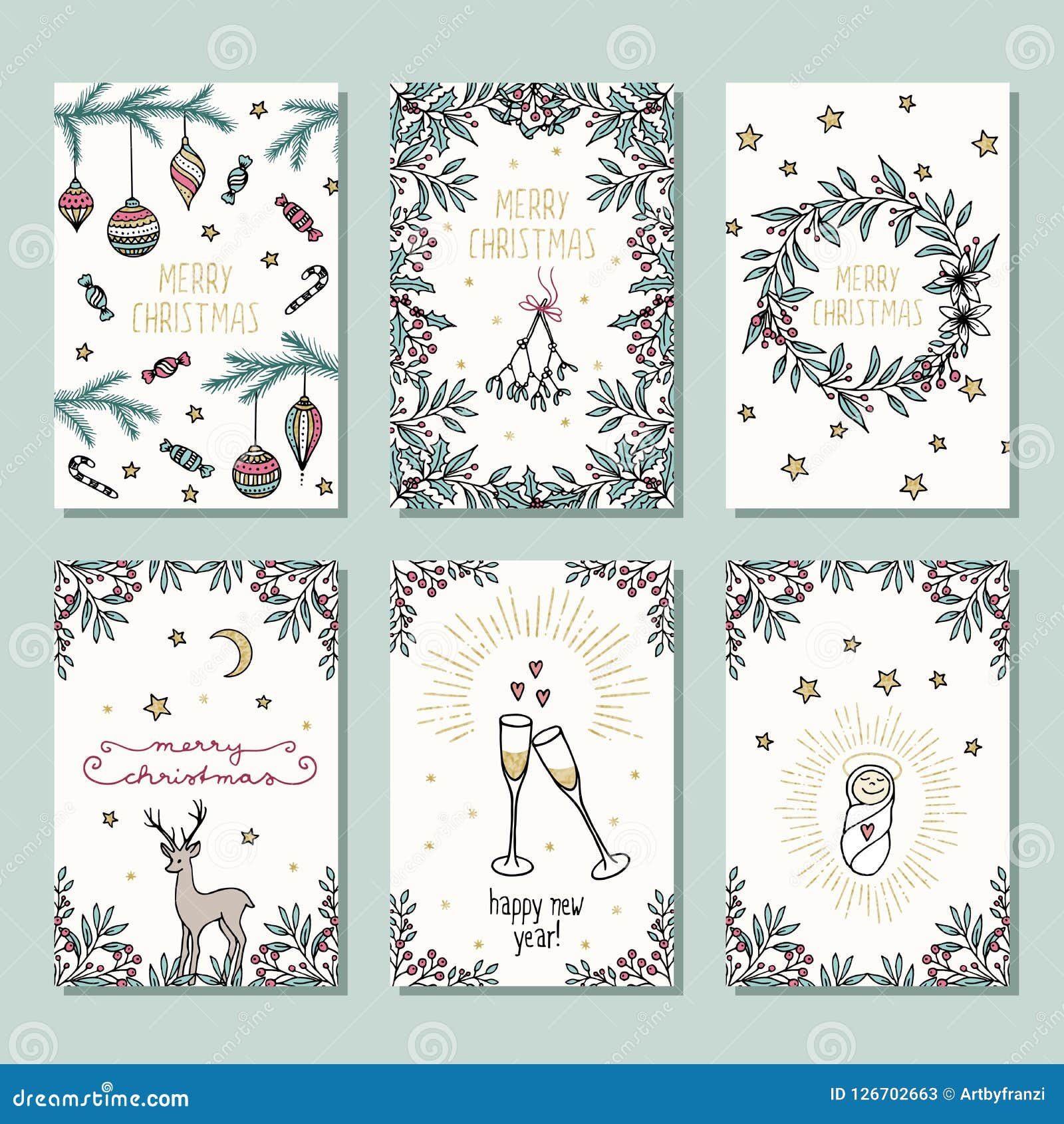 Set of six colorful Christmas cards