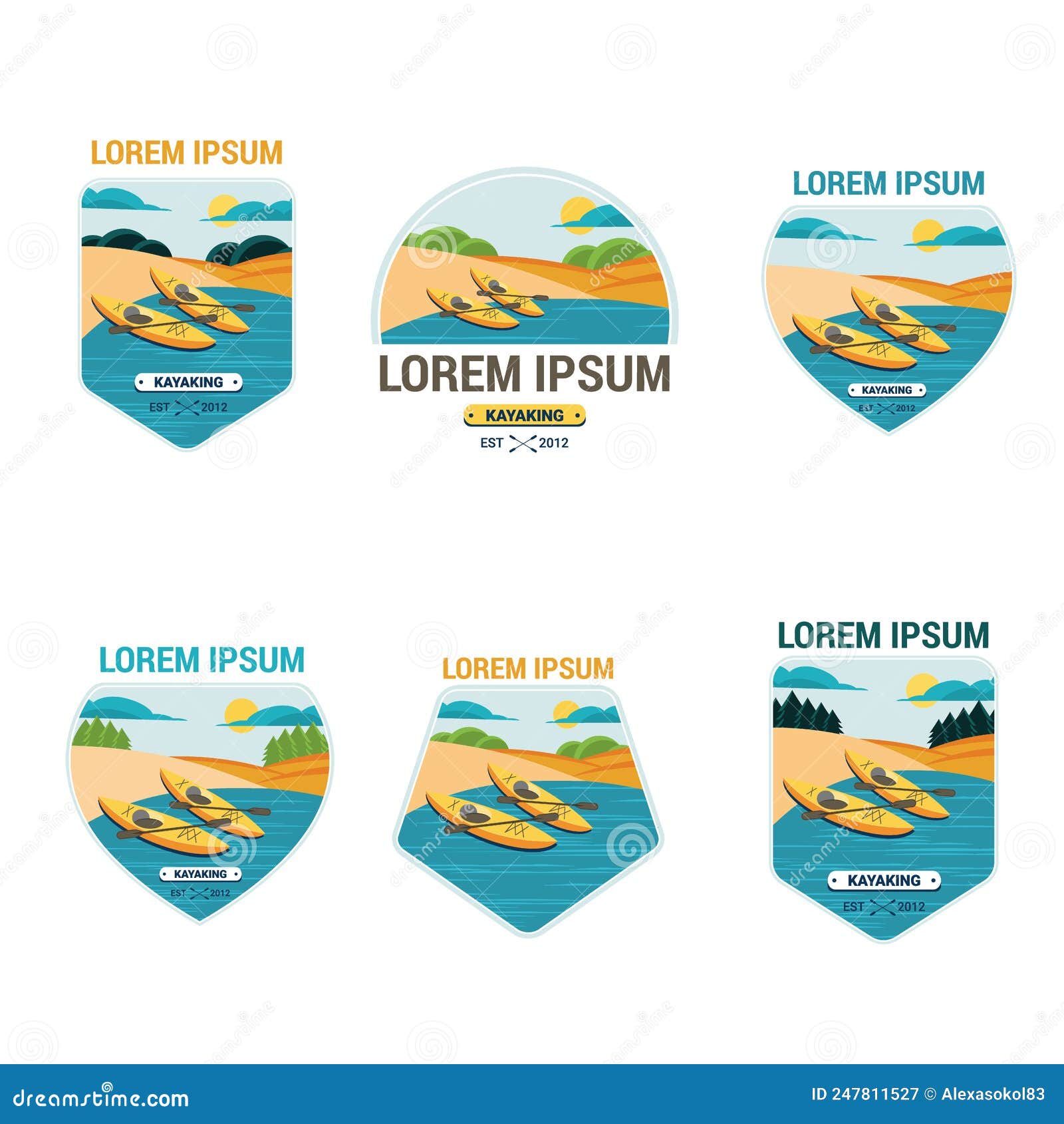 Set Of Six Labels For Canoes And Kayaks. Vector Illustration