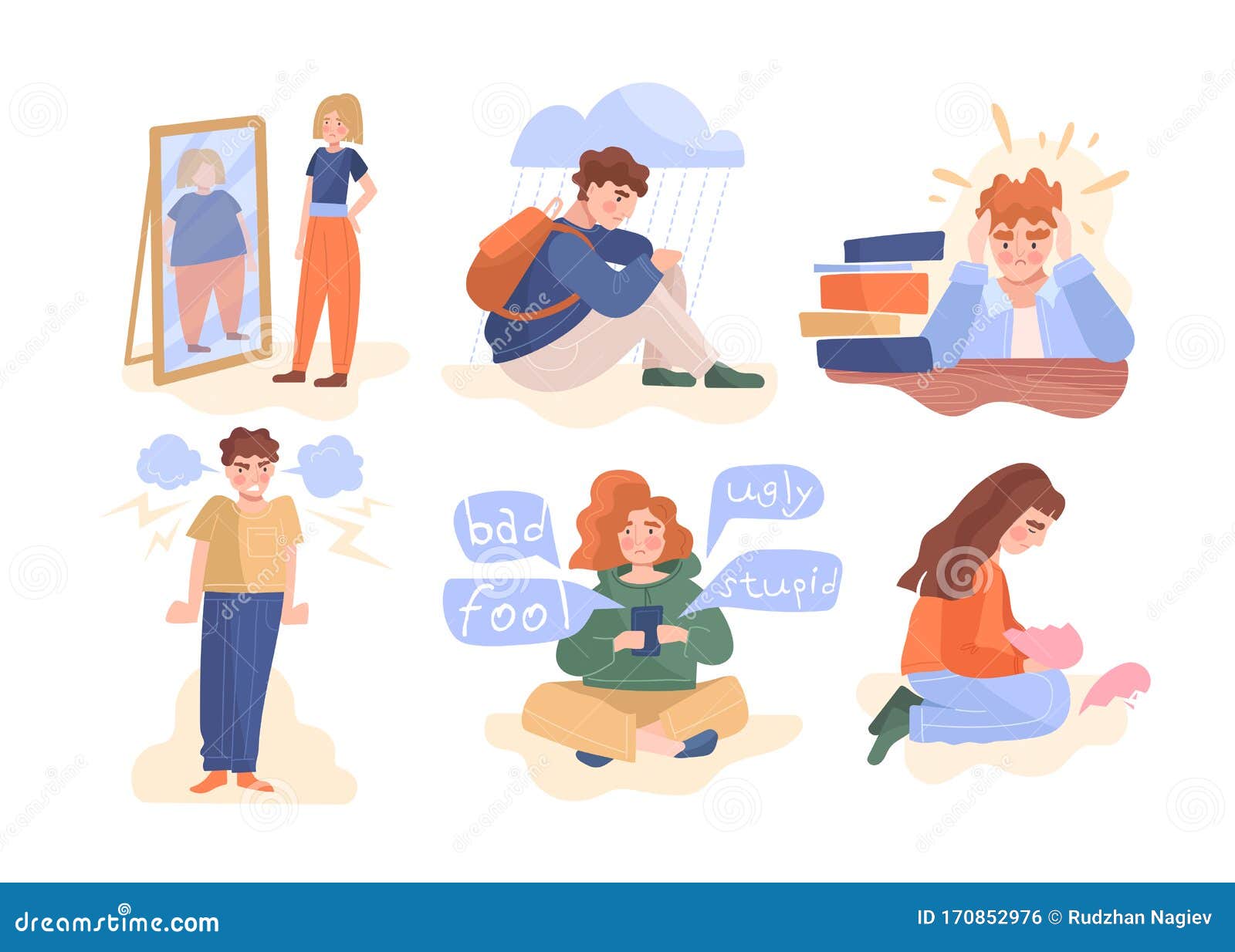 Set of Six Teenagers Showing Forms of Stress Stock Vector