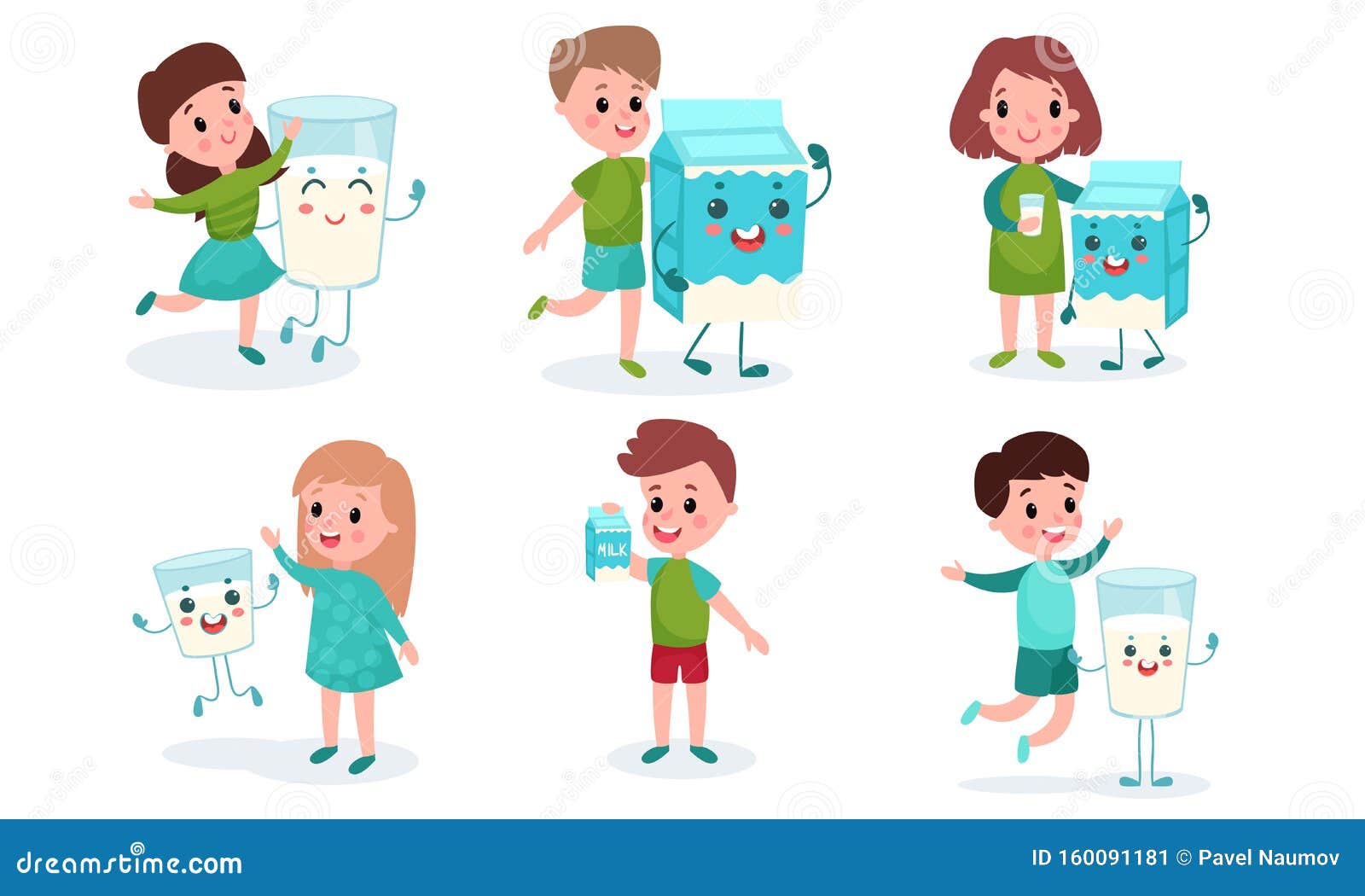 Set of Six Funny Vector Illustrations with Children Drinking Milk Cartoon  Characters Stock Vector - Illustration of happiness, face: 160091181