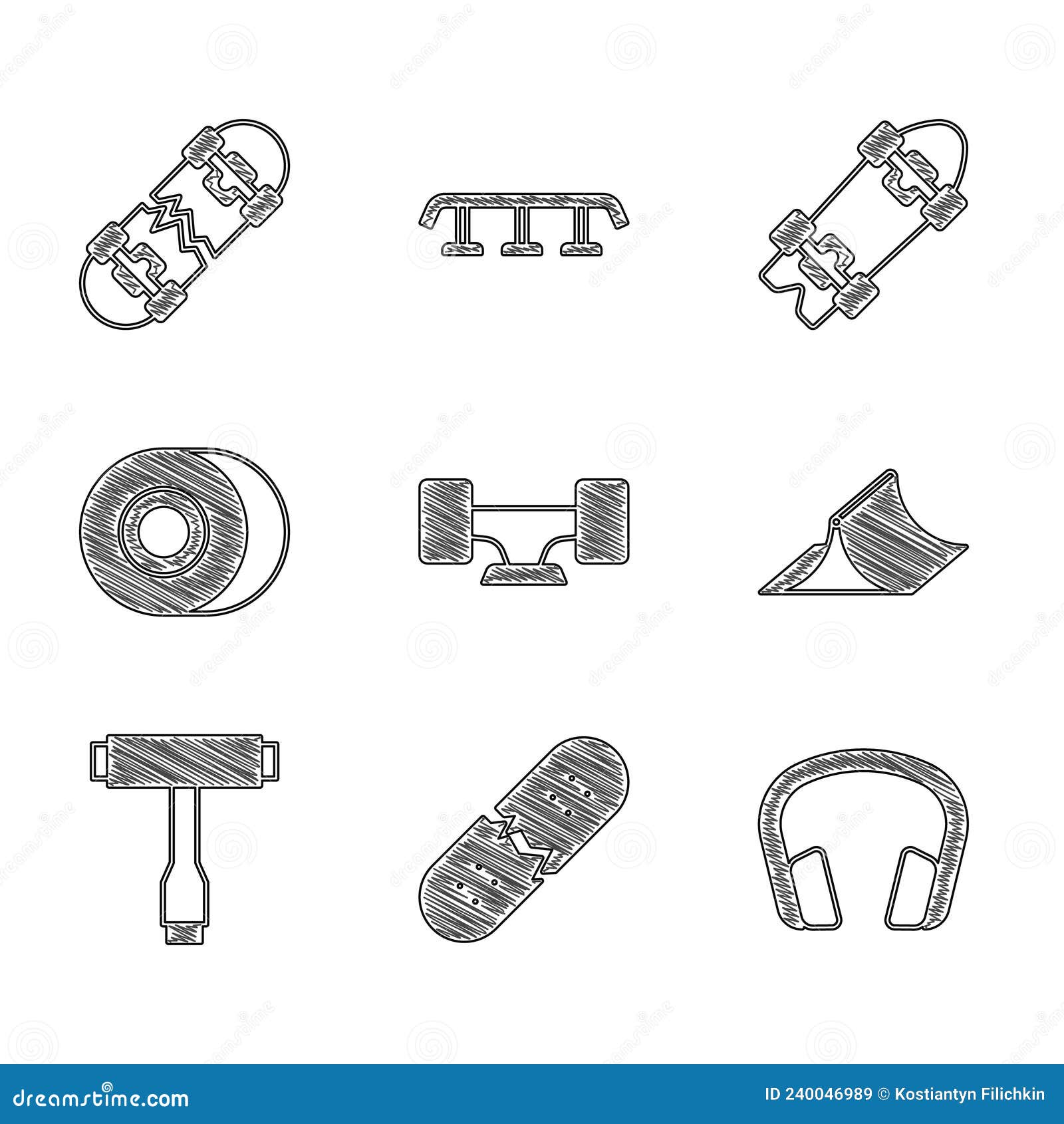 Set Skateboard Wheel, Broken Skateboard Deck, Headphones, Park, T Tool