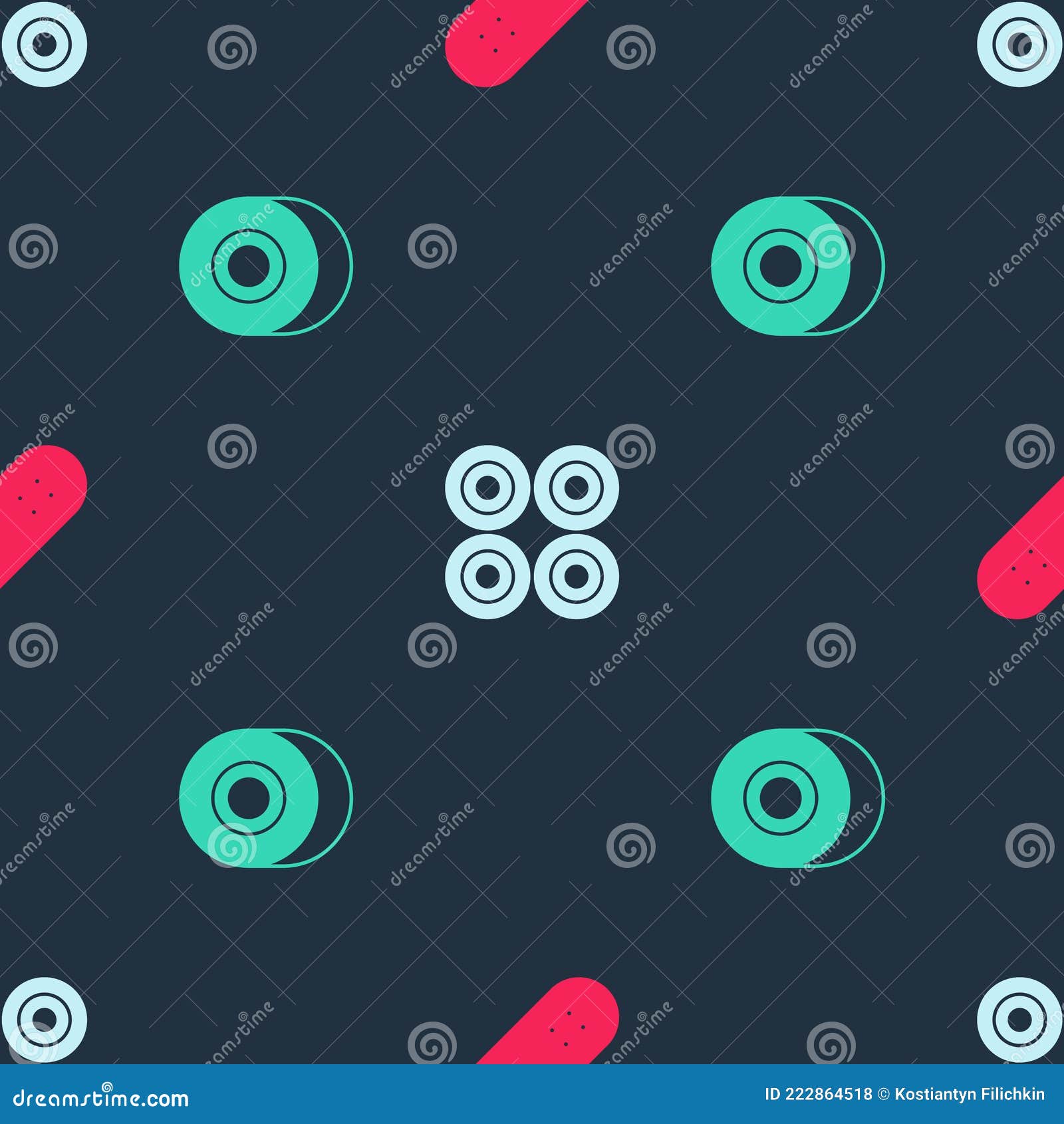 Set Skateboard, Wheel and on Seamless Pattern. Vector Stock Vector