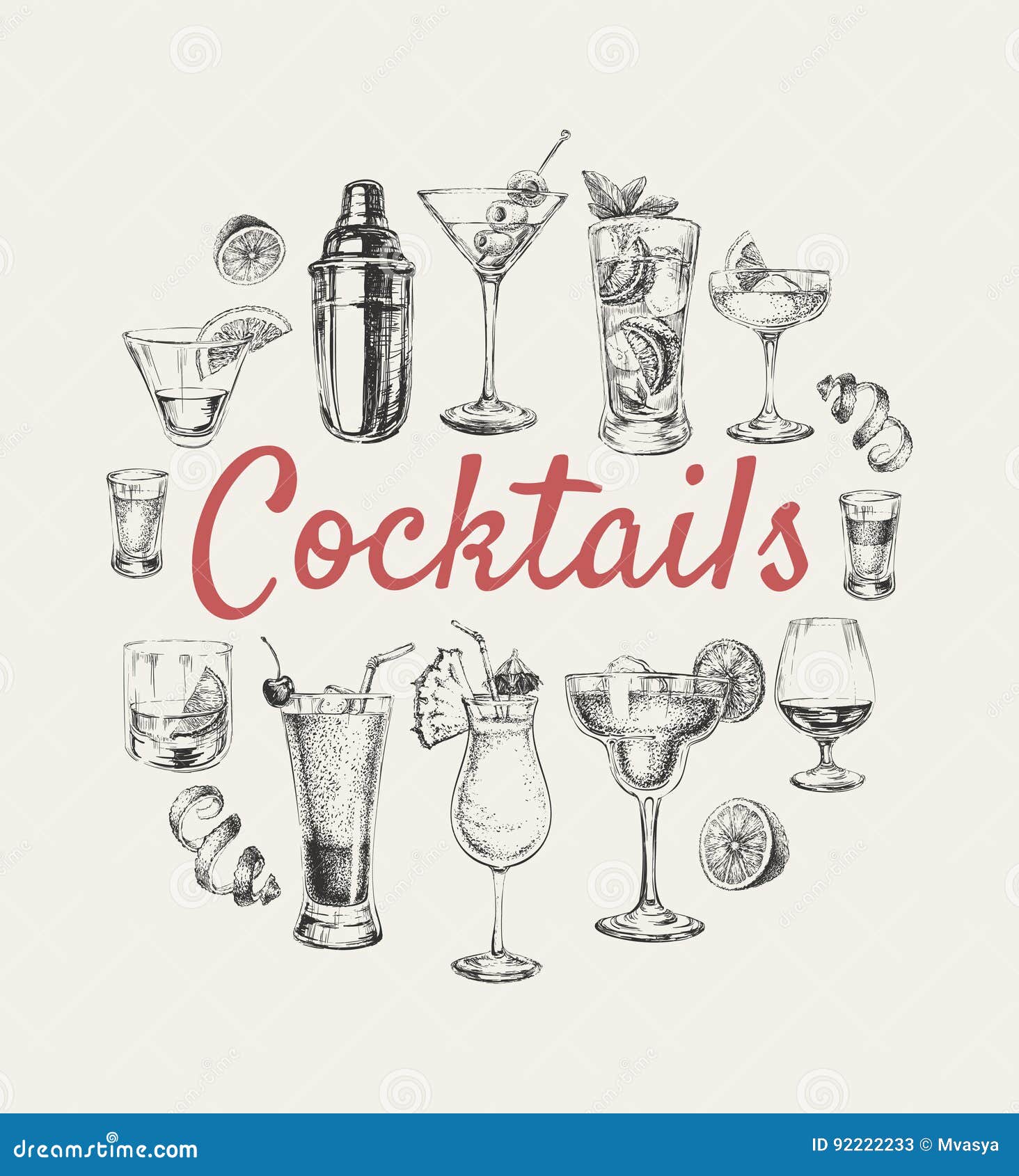 Set Sketch Cocktails and Alcohol Drinks Hand Drawn Illustration Stock