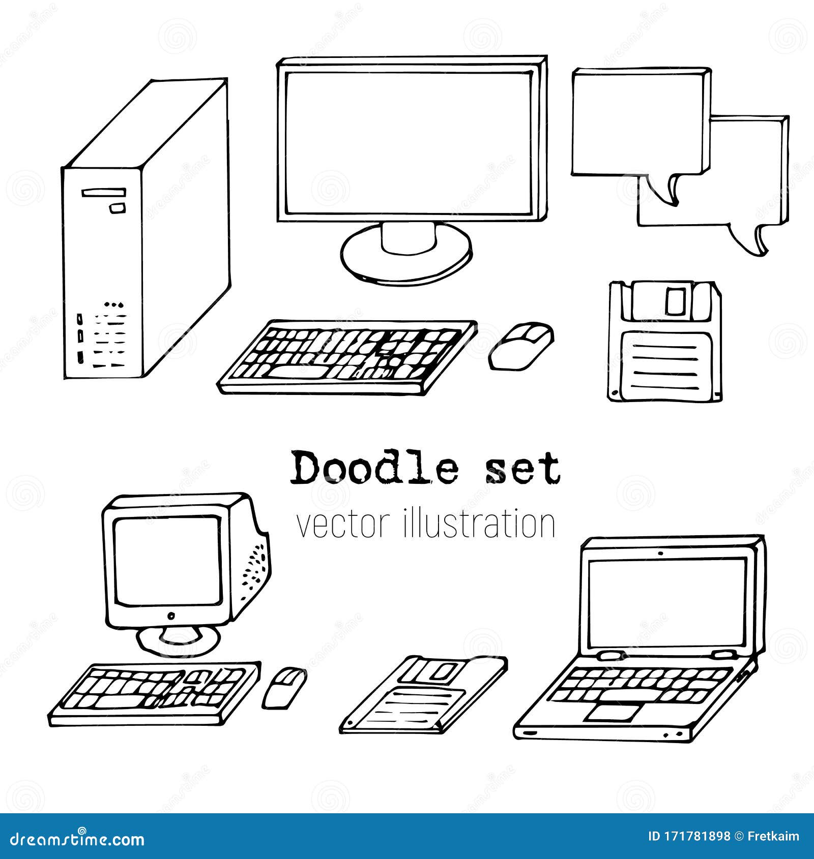 Set Of Sketch Computers Doodle Pc Laptop Floppy Retro Computer Icon In Hand Drawn Style Simple Pancil Sartoon Vector Illust Stock Vector Illustration Of Screen Sign