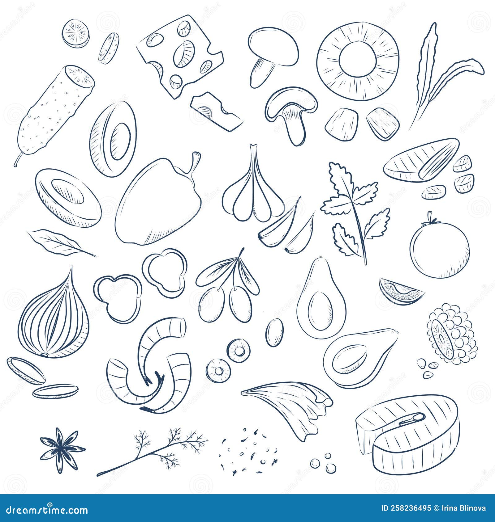 SET Sketch Food Illustration Black and White Linear Stock Vector