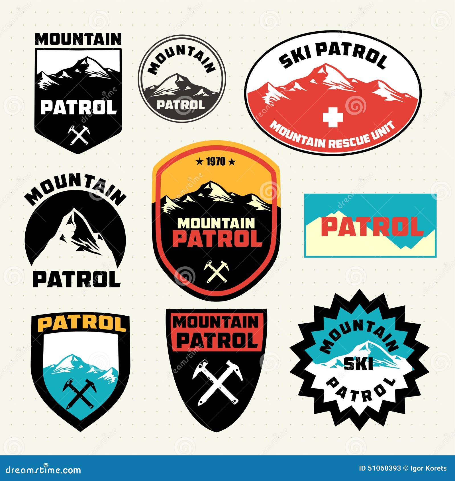 set of ski patrol mountain badges and logo patches