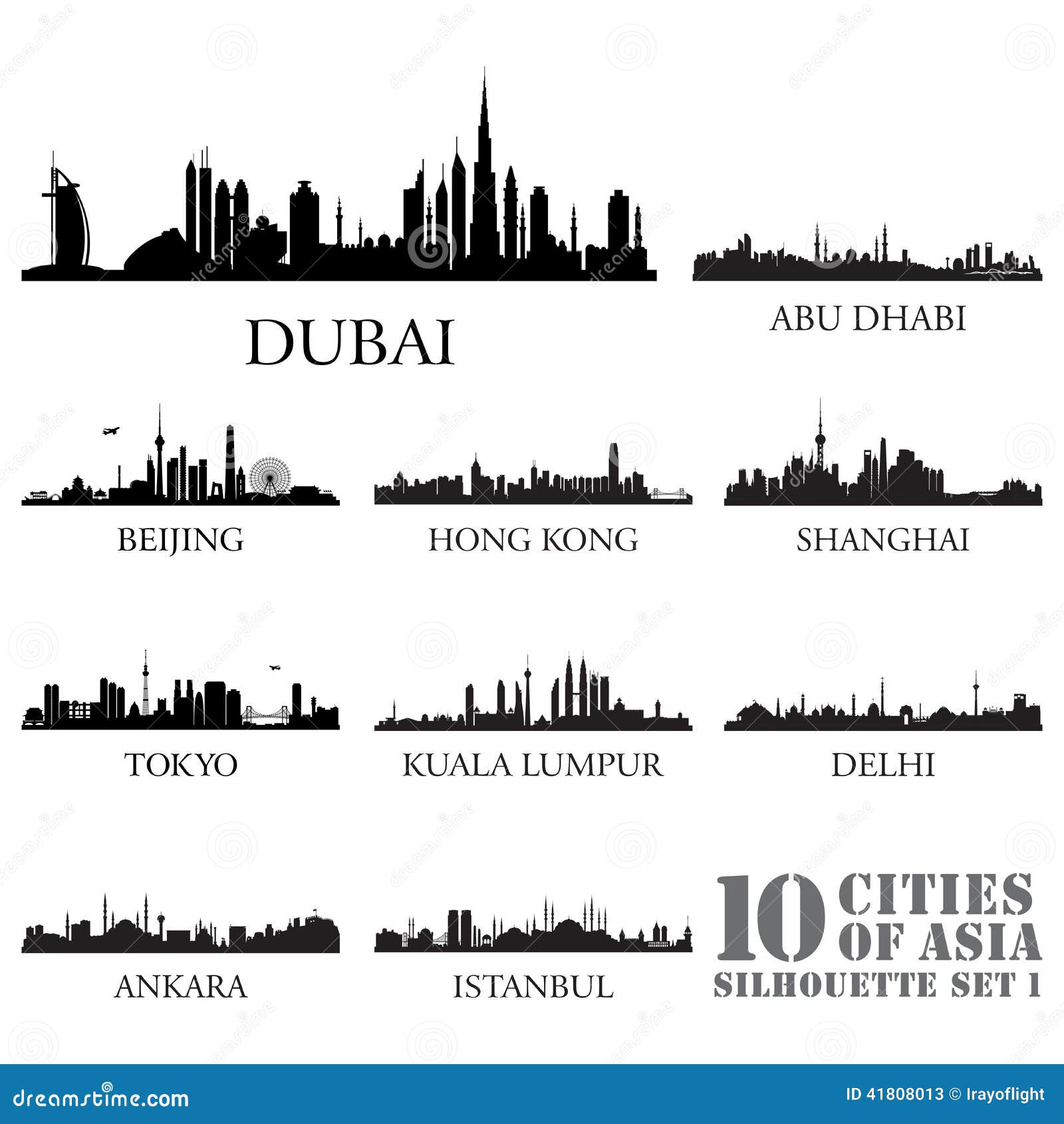 Set Of Skyline Cities Silhouettes. 10 Cities Of Asia #1 
