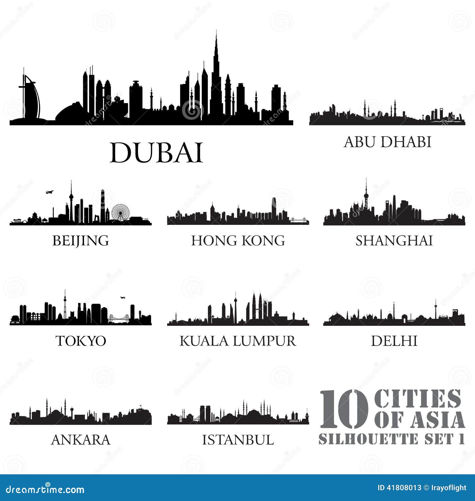 Set Of Skyline Cities Silhouettes. 10 Cities Of Asia #1 Set Of Skyline Cities Silhouettes. 10 Cities Of Asia #1