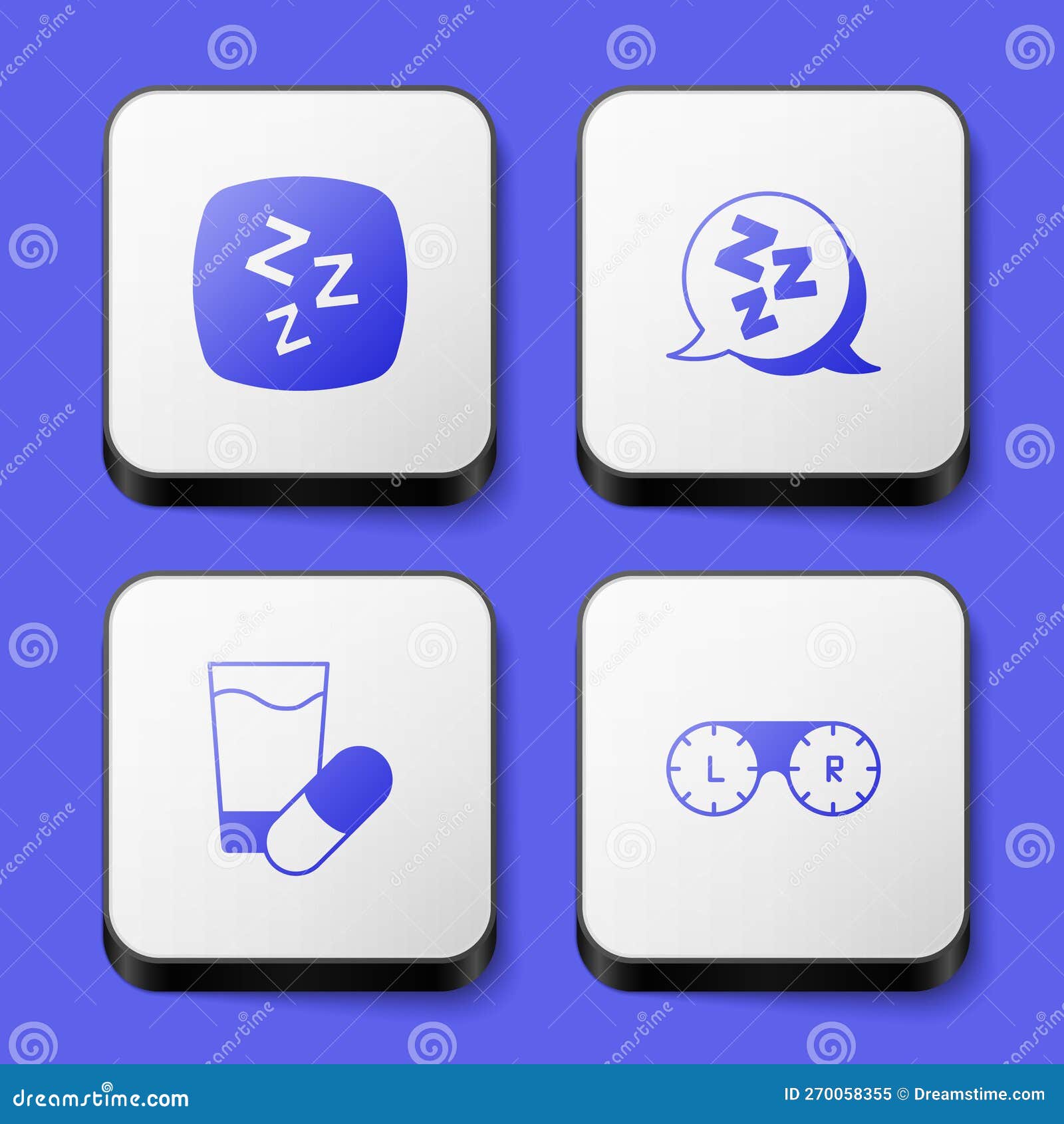 Set Sleepy, Sleeping Pill and Contact Lens Container Icon. White Square