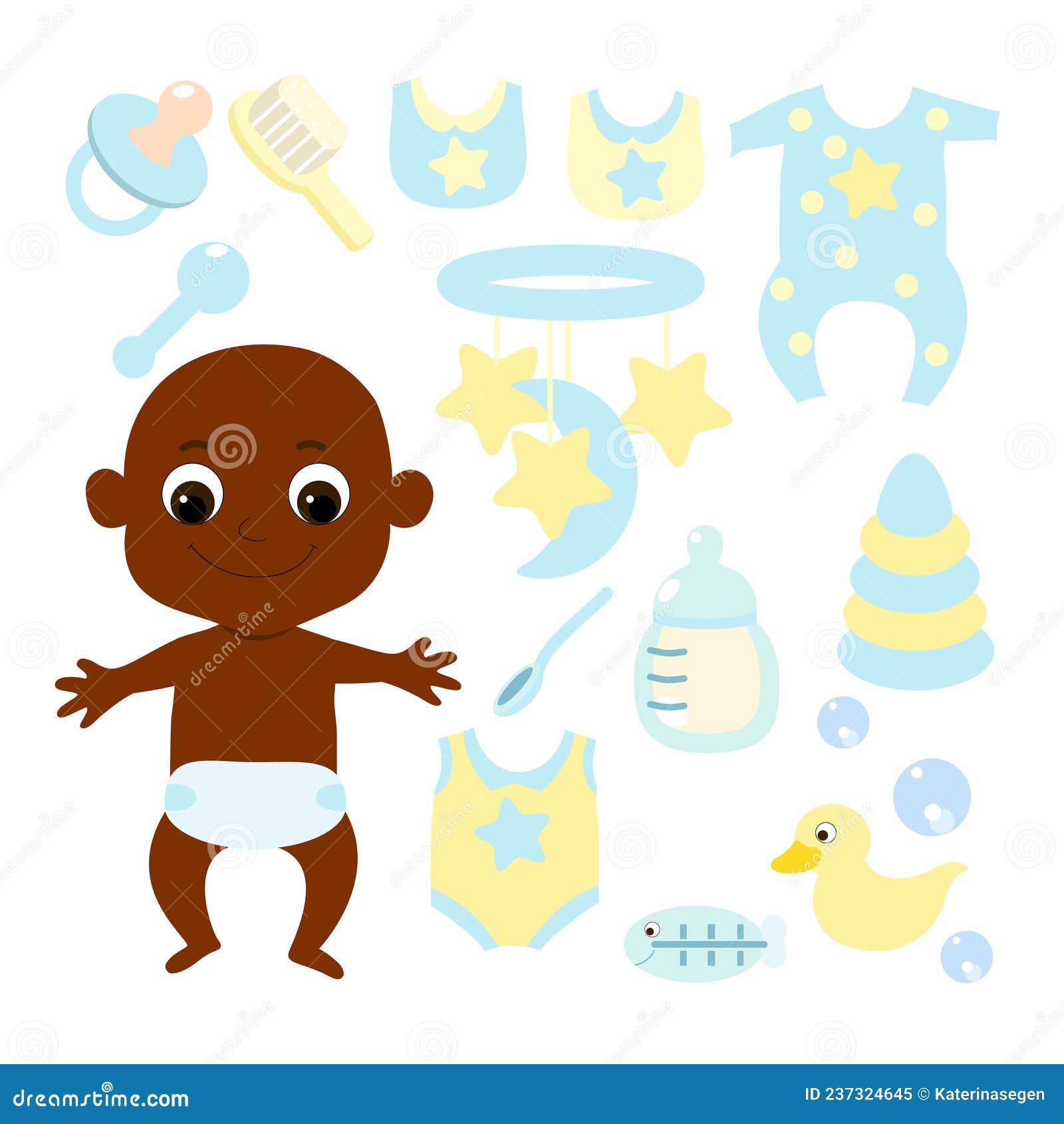 set a small baby african or africanamerican newborn or first year of life and baby items: mobile, comb, feeding bottle.