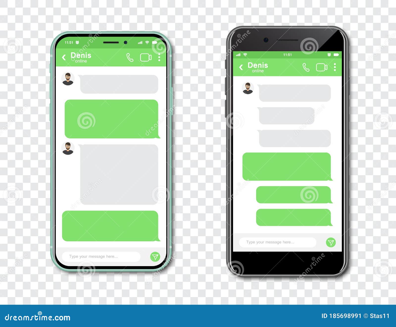 Set of Smartphones with Blank Chat Messenger. Template with Message Set of Smartphones with Blank Chat Messenger. Template with Message