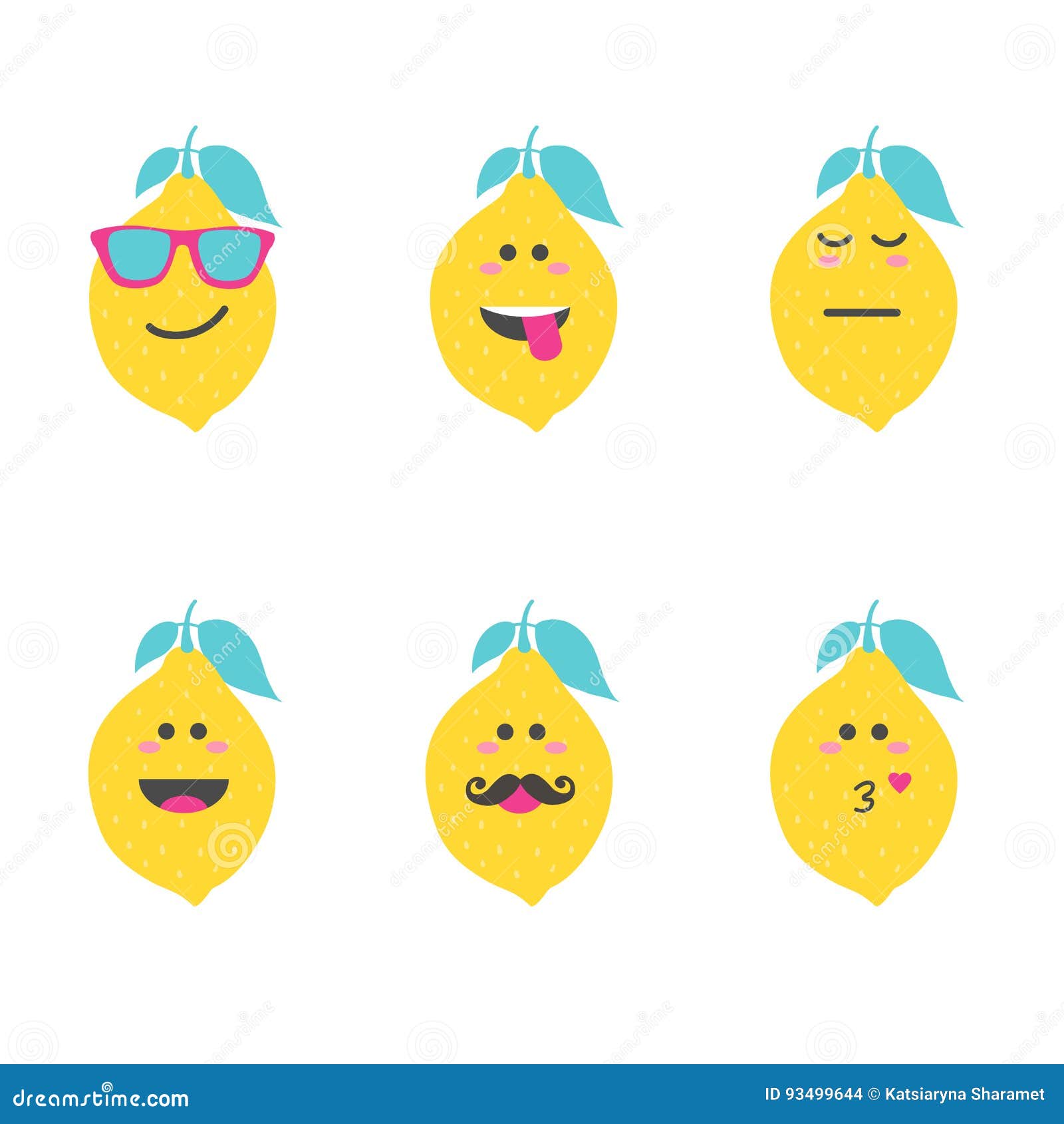 Set Smile Emoticon Face in Lemon. Stock Vector Illustration of exotic