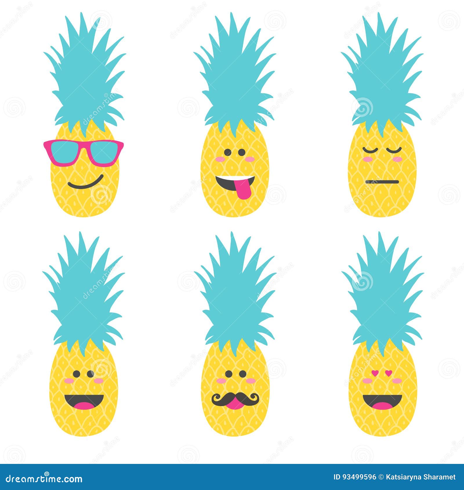 Set Smile Emoticon Face in Pineapple. Stock Vector Illustration of