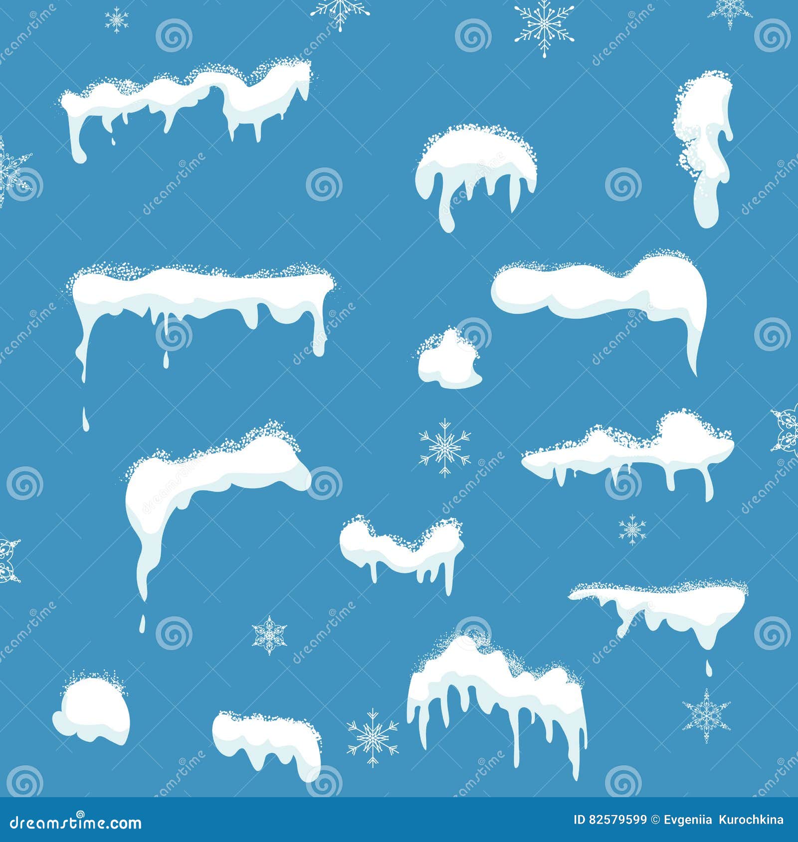 set of snow s, snow caps, snowballs and snowdrifts with falling snowflakes  on blue background for  and decor
