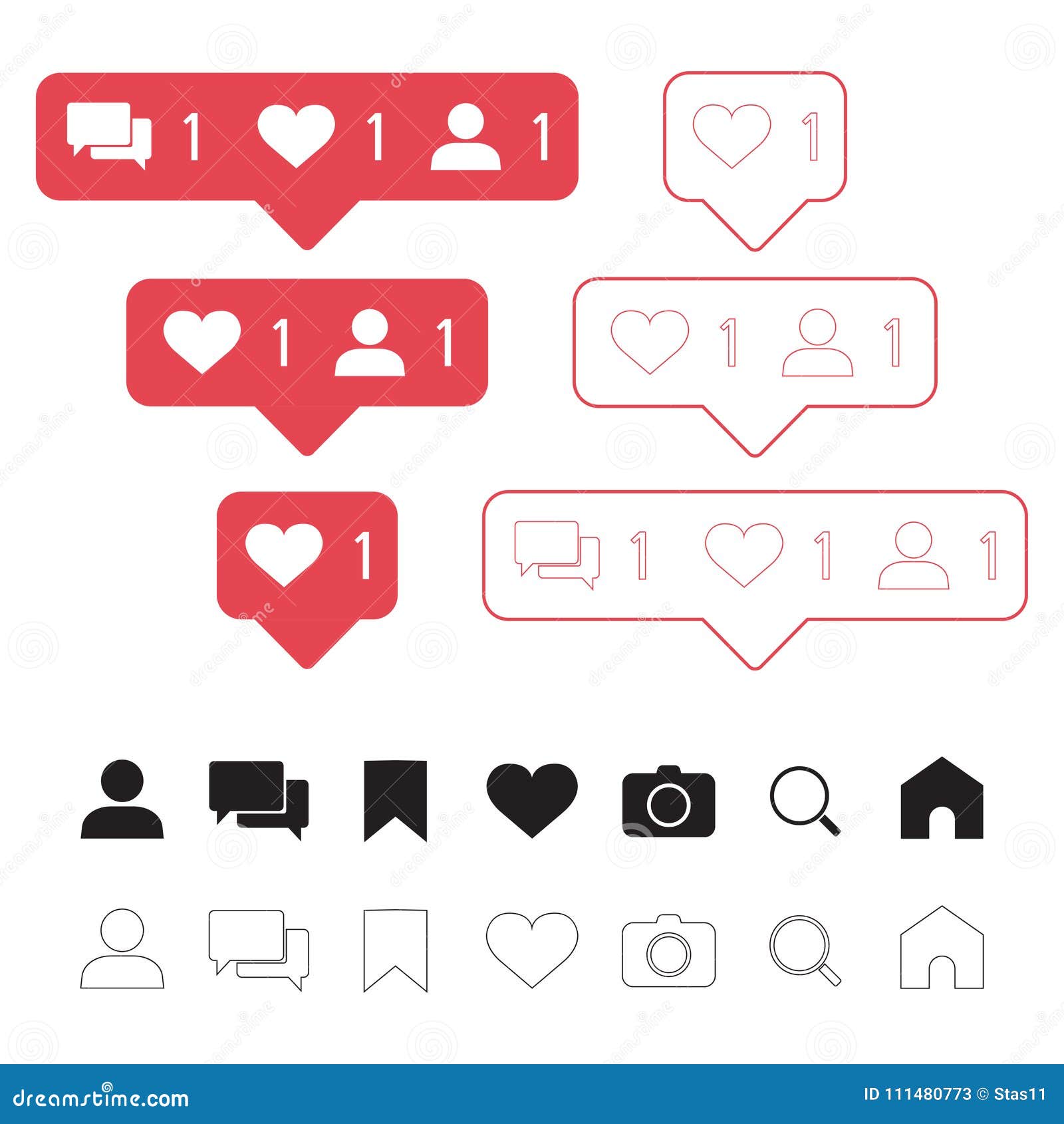 Set of Social Media Icons: Like, Follower, Comment, Home, Camera, User ...