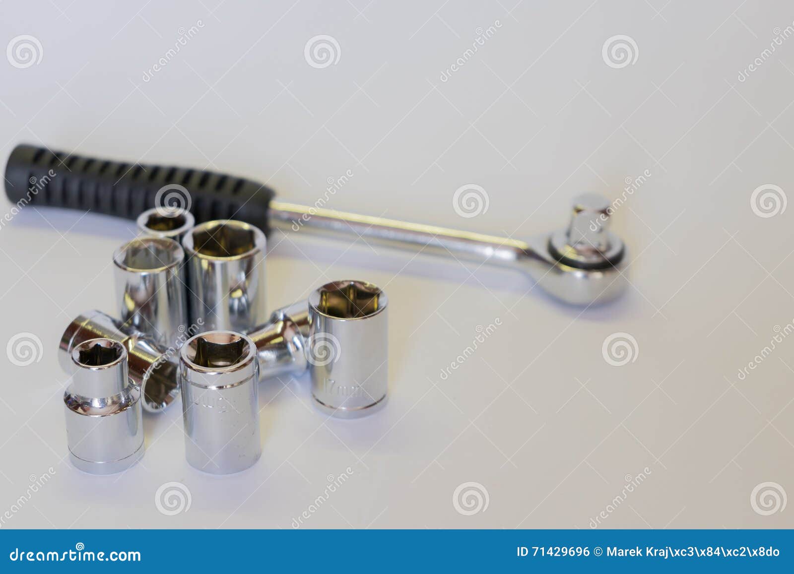 Set of Sockets and Ratchet. Mechanic Tools in Very Soft Focus Stock
