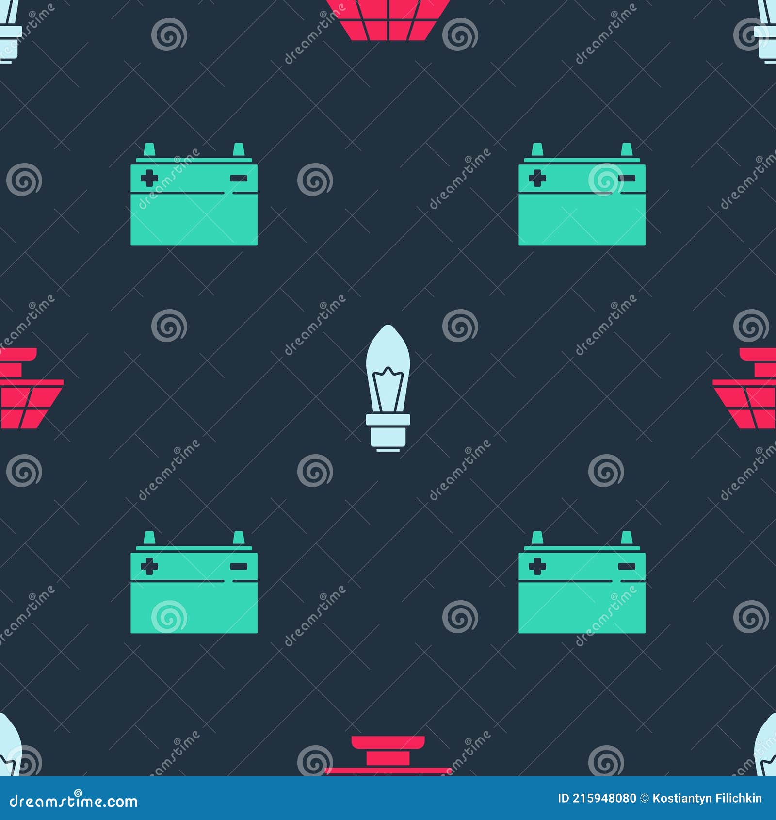 Set Solar Energy Panel, Light Bulb and Car Battery on Seamless Pattern