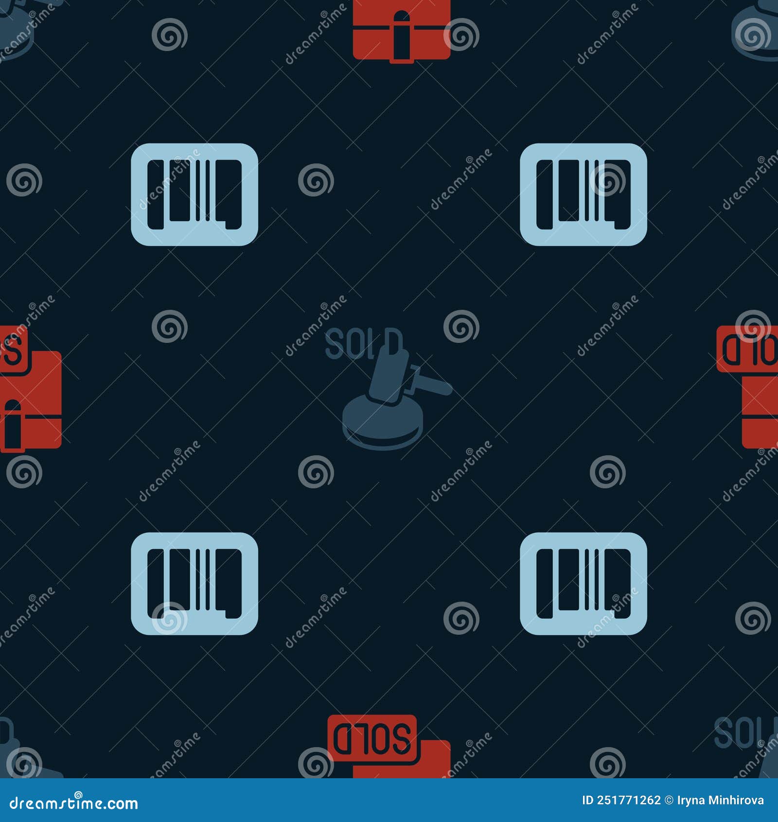 Set Sold, Auction Hammer and Barcode on Seamless Pattern. Vector Stock