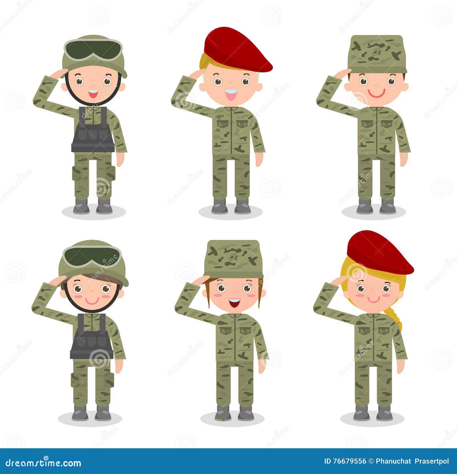 set of soldiers. men and women. flat cartoon character  on white background
