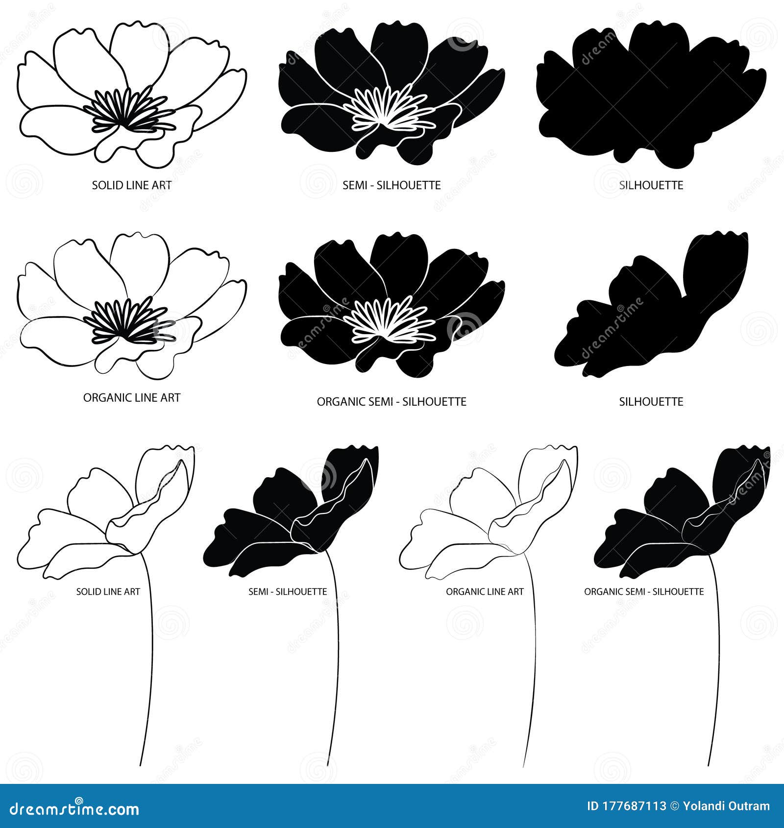 Set of Solid and Organic Line Art Flower Elements with Silhouettes