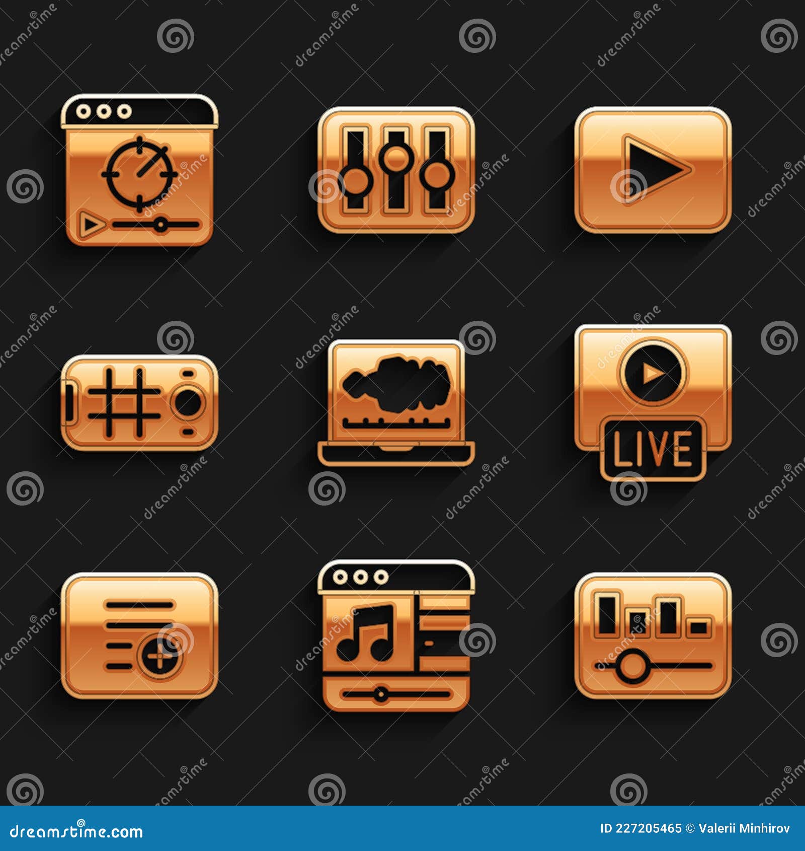 Set Sound or Audio Recorder, Music Player, Equalizer, Live Stream, Add To  Playlist, Selfie on Mobile, Play Button and Stock Vector - Illustration of  design, isolated: 227205465