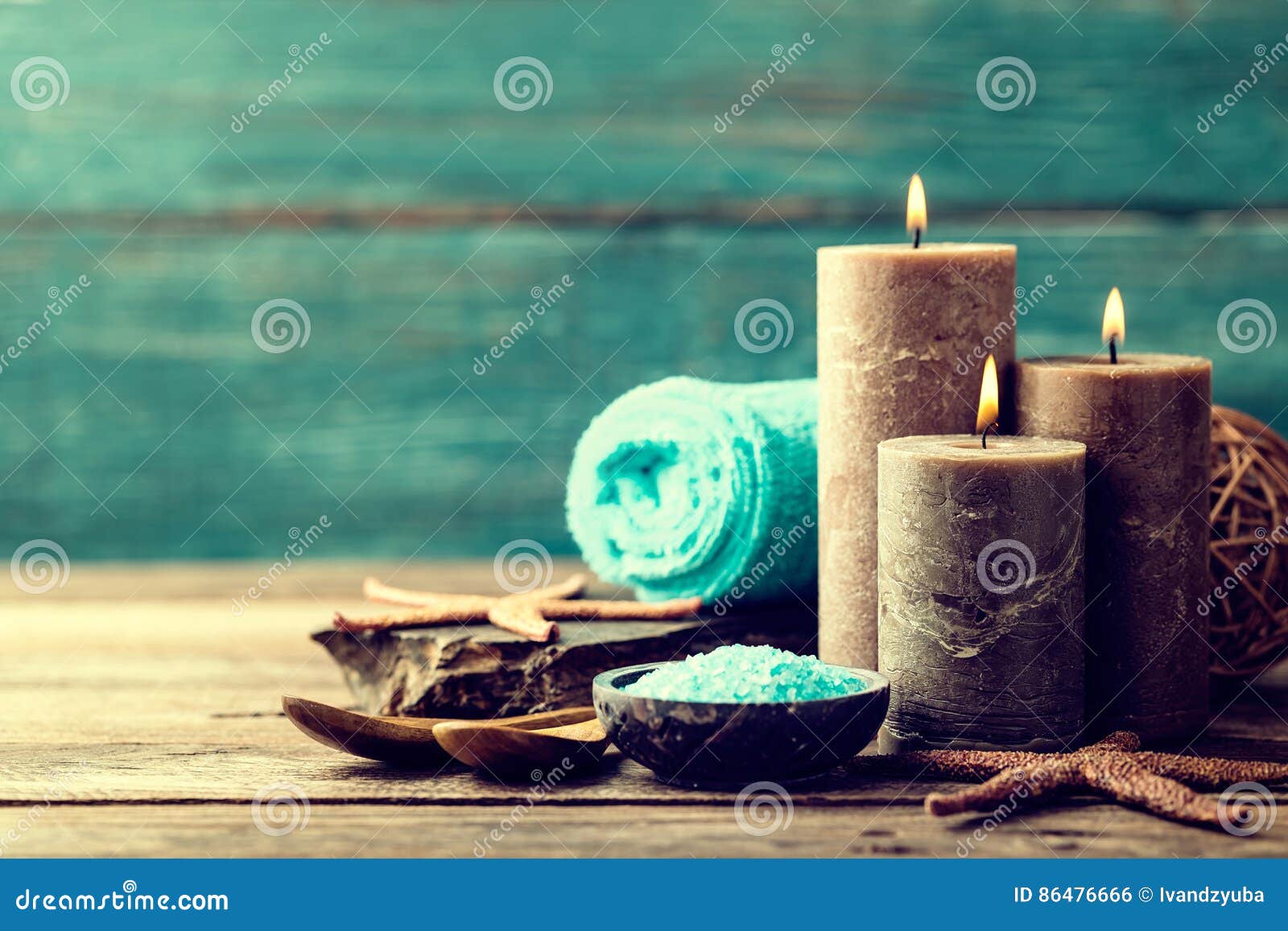 set for spa treatments with cosmetic products for body care and relaxation