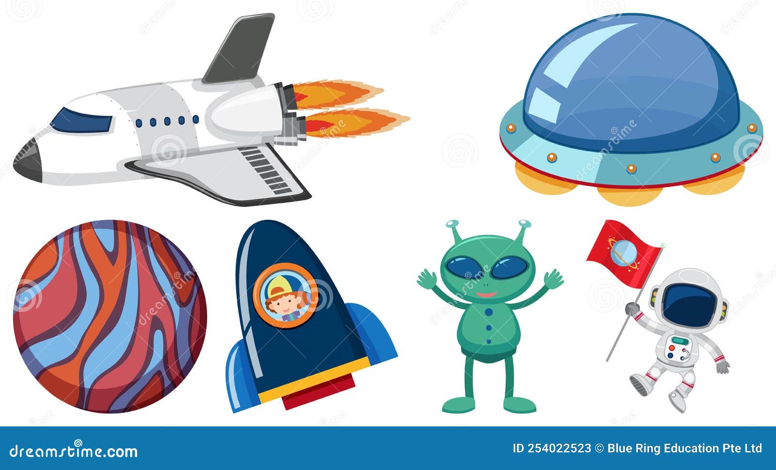 Set of Space Cartoon Characters and Objects Stock Vector Illustration