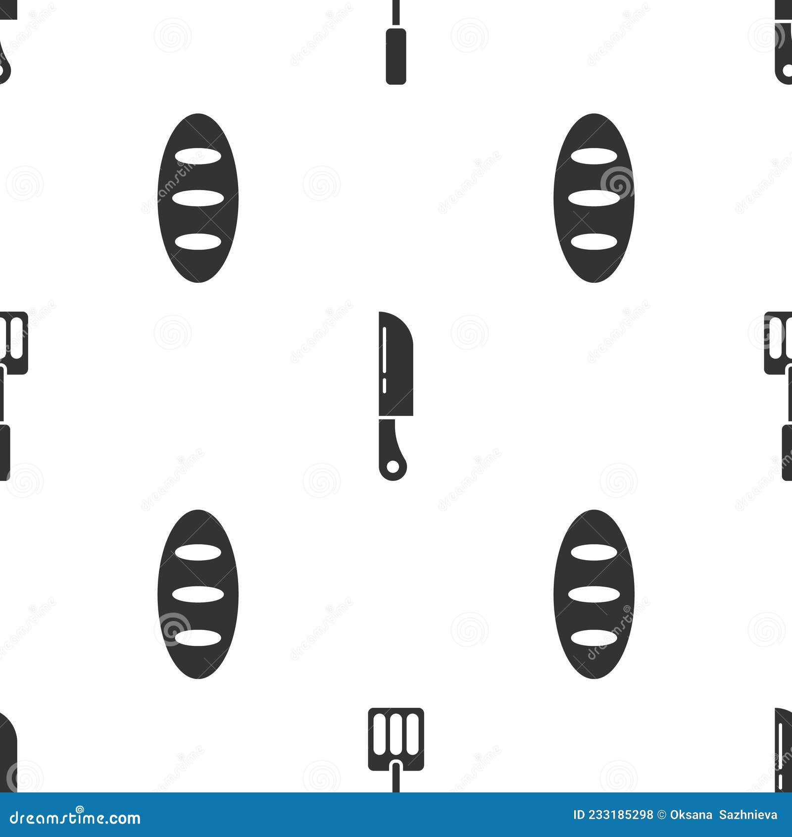 Set Spatula, Knife and Bread Loaf on Seamless Pattern. Vector Stock