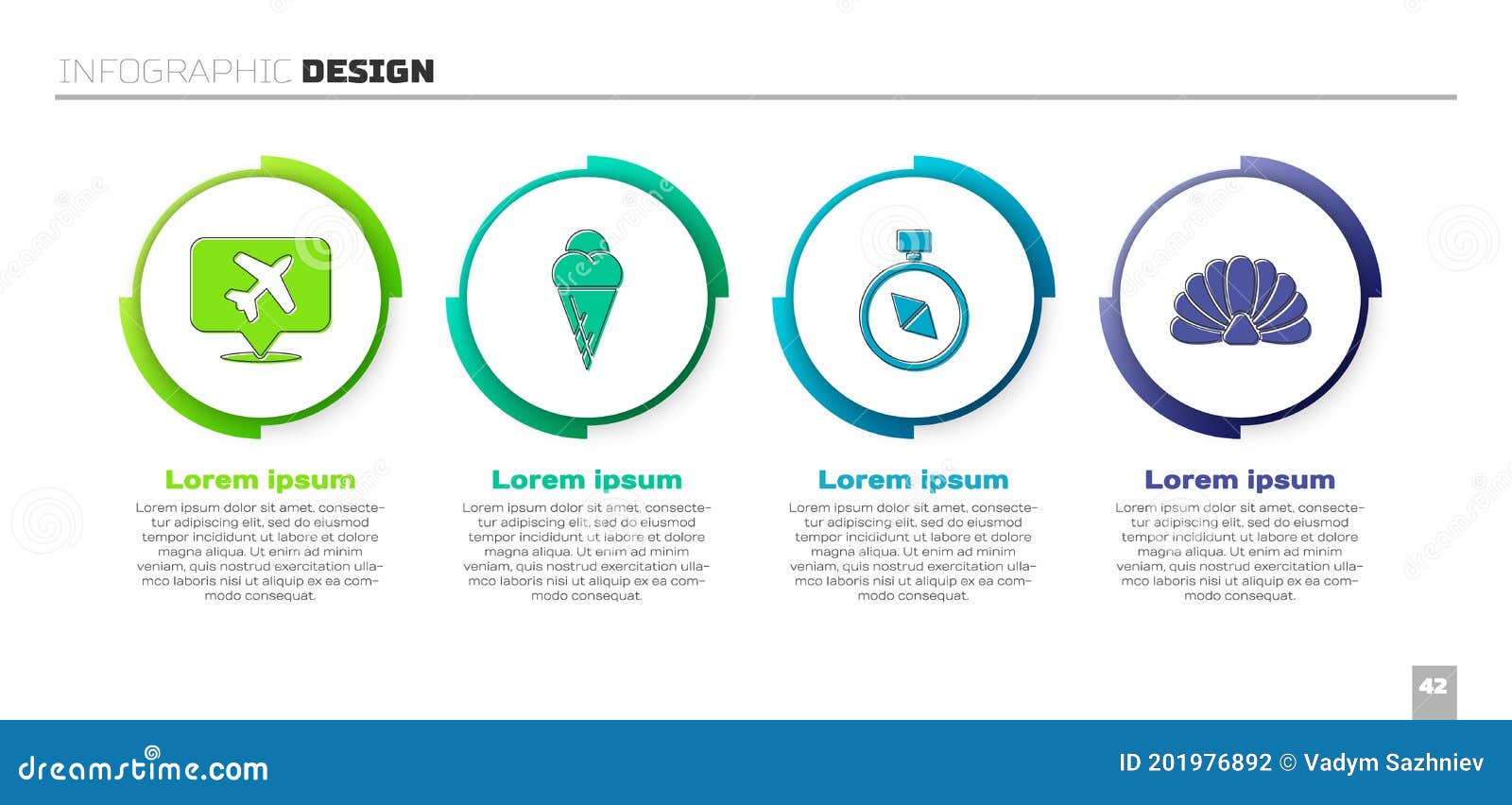 set speech bubble with airplane, ice cream in waffle cone, compass and scallop sea shell. business infographic template. 