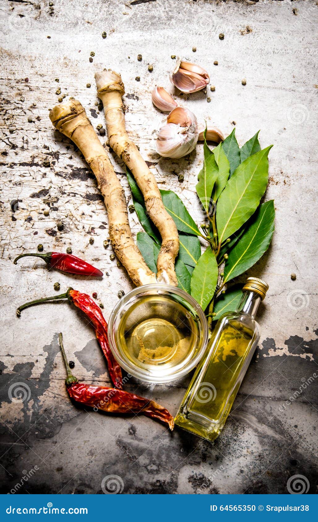Set of Spices Chilli, Ginger, Garlic, Bay Leaf and Olive Oil. Stock