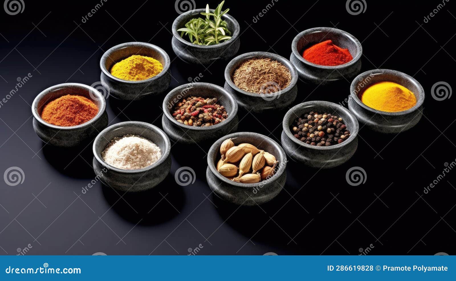 Set Spices Herbs Cooking Small Bowls Colorful Seasonings Spices