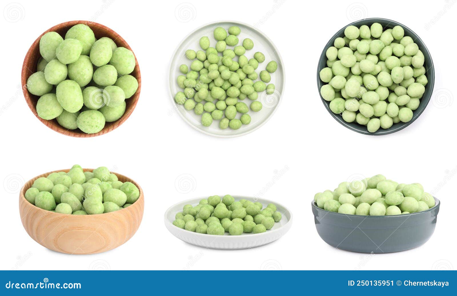 Set with Spicy Wasabi Coated Peanuts on White Background Stock Image