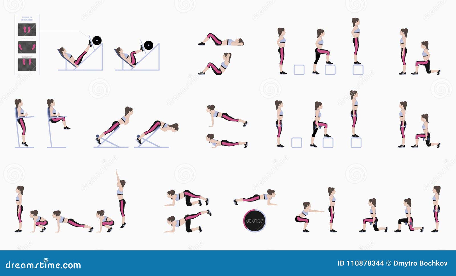 Set of Sport Exercises. Exercises with Free Weight. Exercises in a Gym  Stock Illustration - Illustration of push, jamp: 110878344